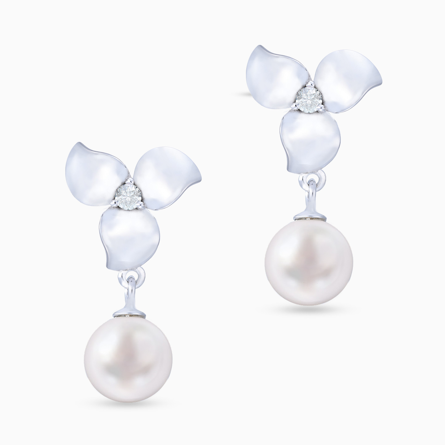 Flower Clear Stone & Pearl Sterling Silver Drop Earrings - 3 Flower Clear Stone & Pearl Sterling Silver Drop Earrings - 3