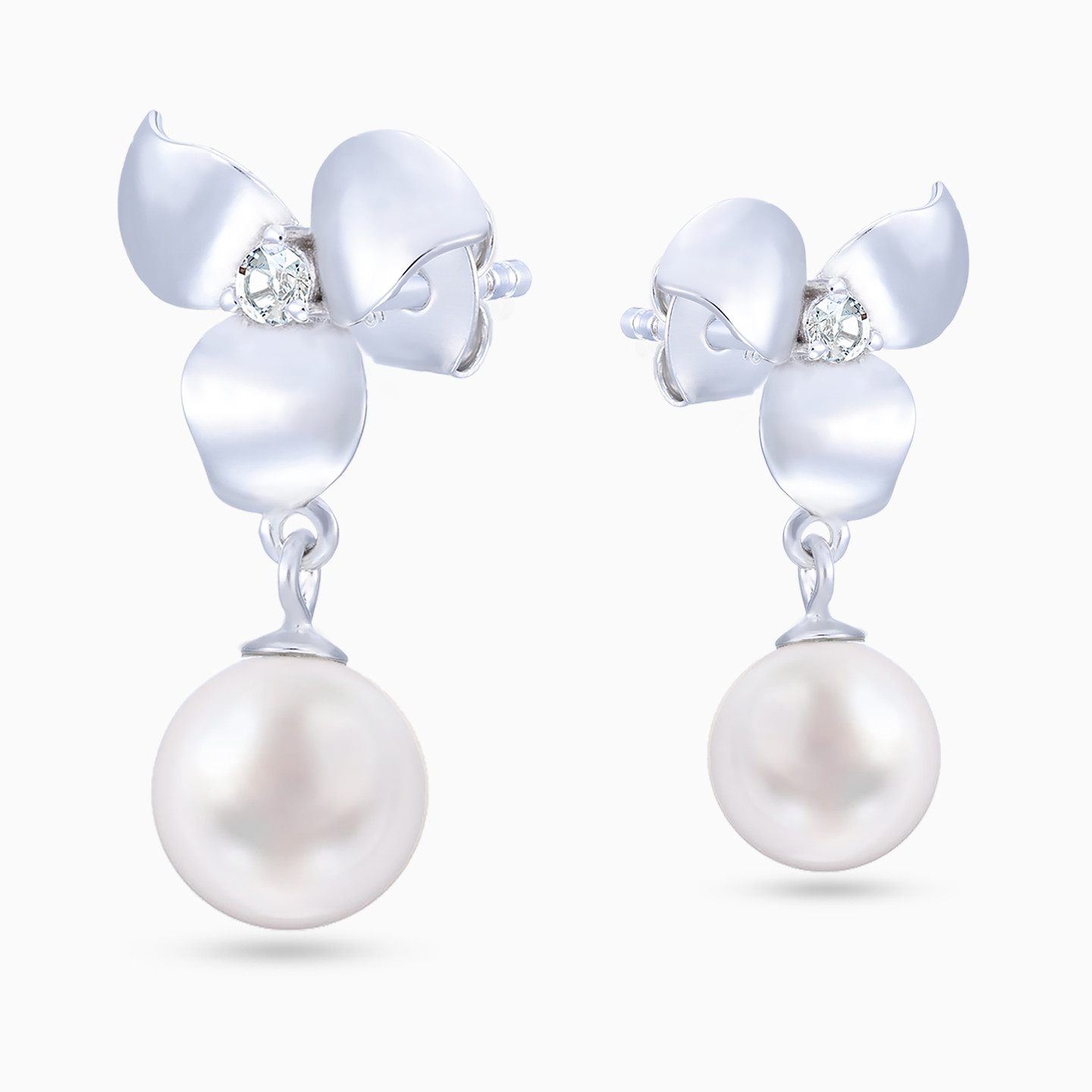 Flower Clear Stone & Pearl Sterling Silver Drop Earrings - 4 Flower Clear Stone & Pearl Sterling Silver Drop Earrings - 4