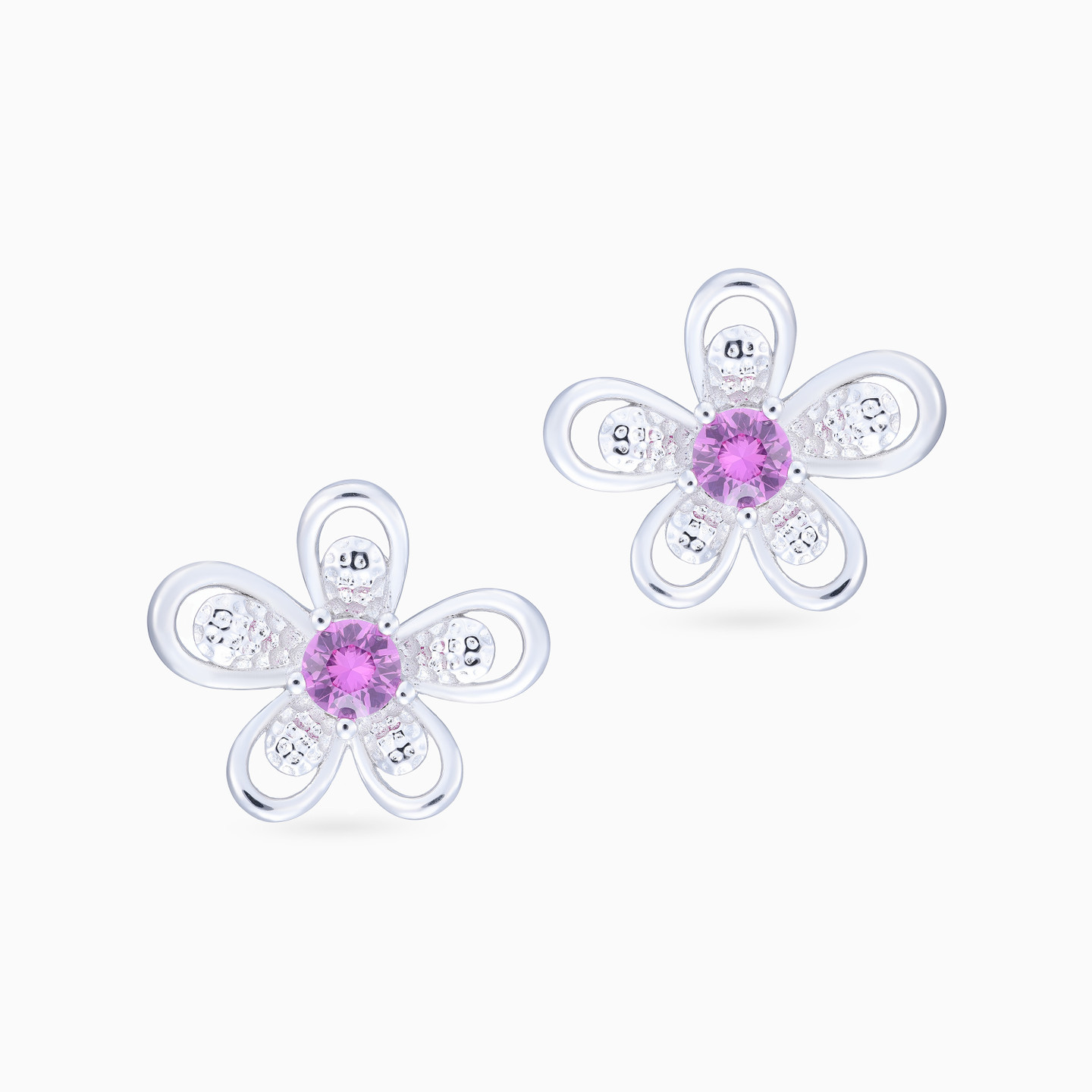 Flower Pink Stone Sterling Silver Stud Earrings - 3 Flower Pink Stone Sterling Silver Stud Earrings - 3