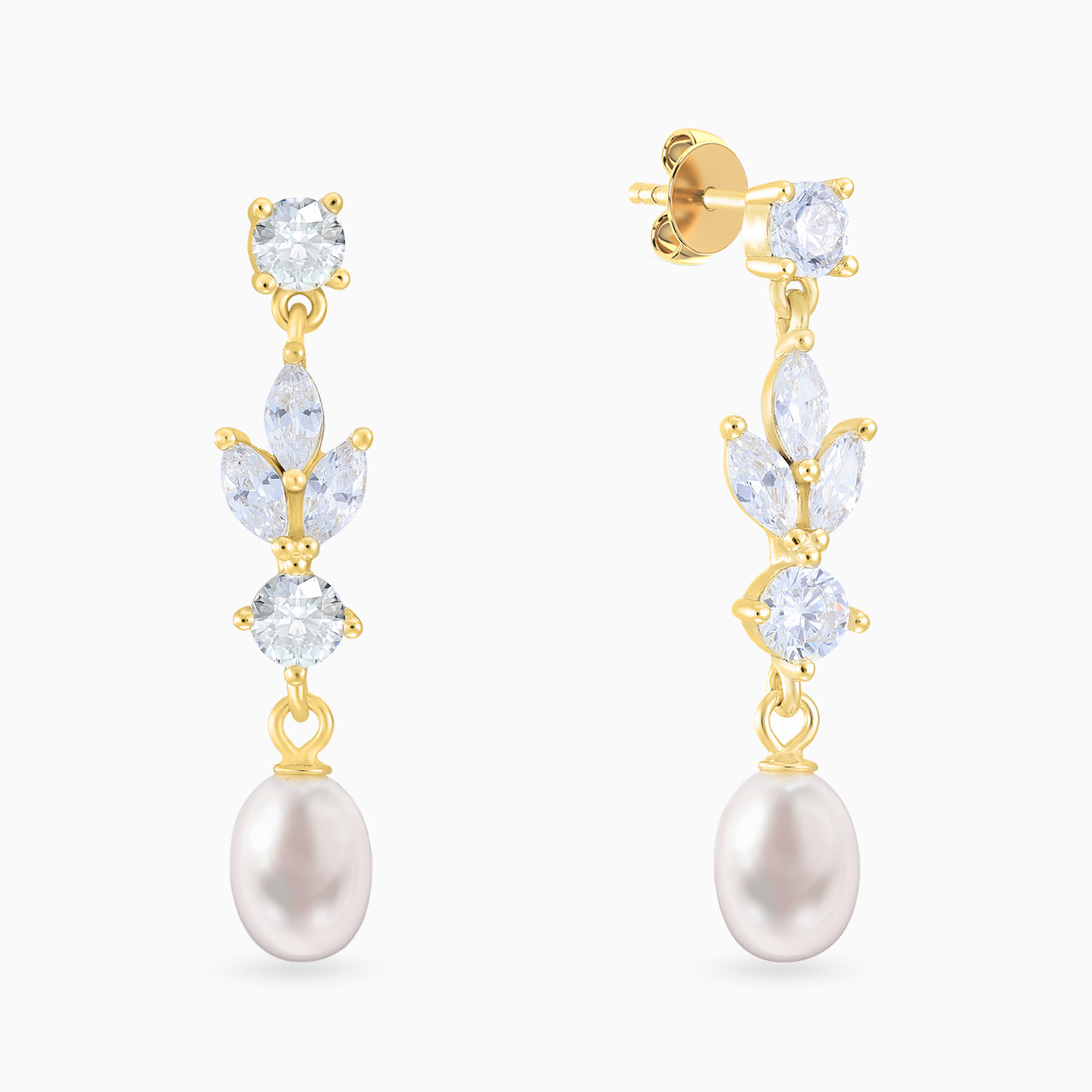 Leaves Cubic Zirconia & Pearl Drop Earrings in Yellow Gold Plating Leaves Cubic Zirconia & Pearl Drop Earrings in Yellow Gold Plating
