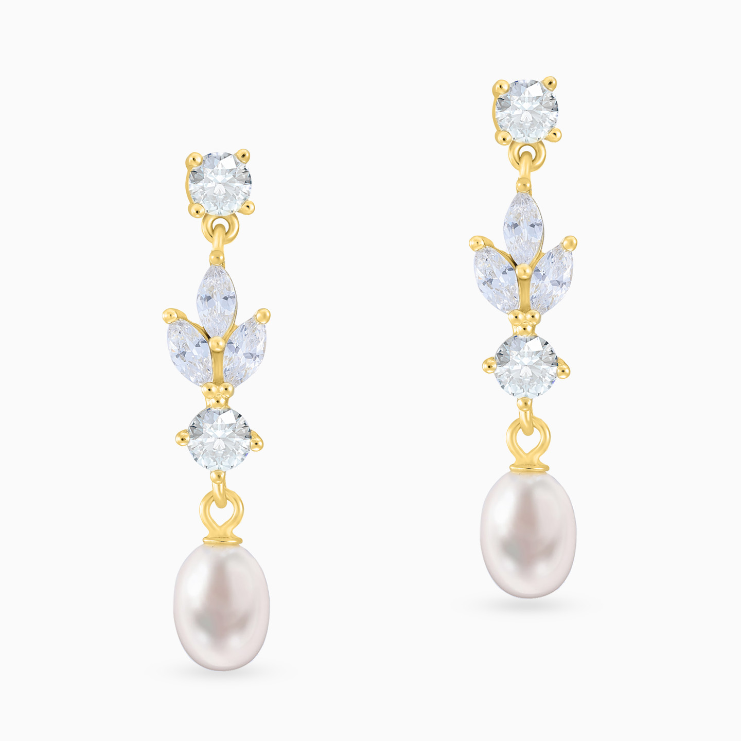Leaves Cubic Zirconia & Pearl Drop Earrings in Yellow Gold Plating - 3 Leaves Cubic Zirconia & Pearl Drop Earrings in Yellow Gold Plating - 3