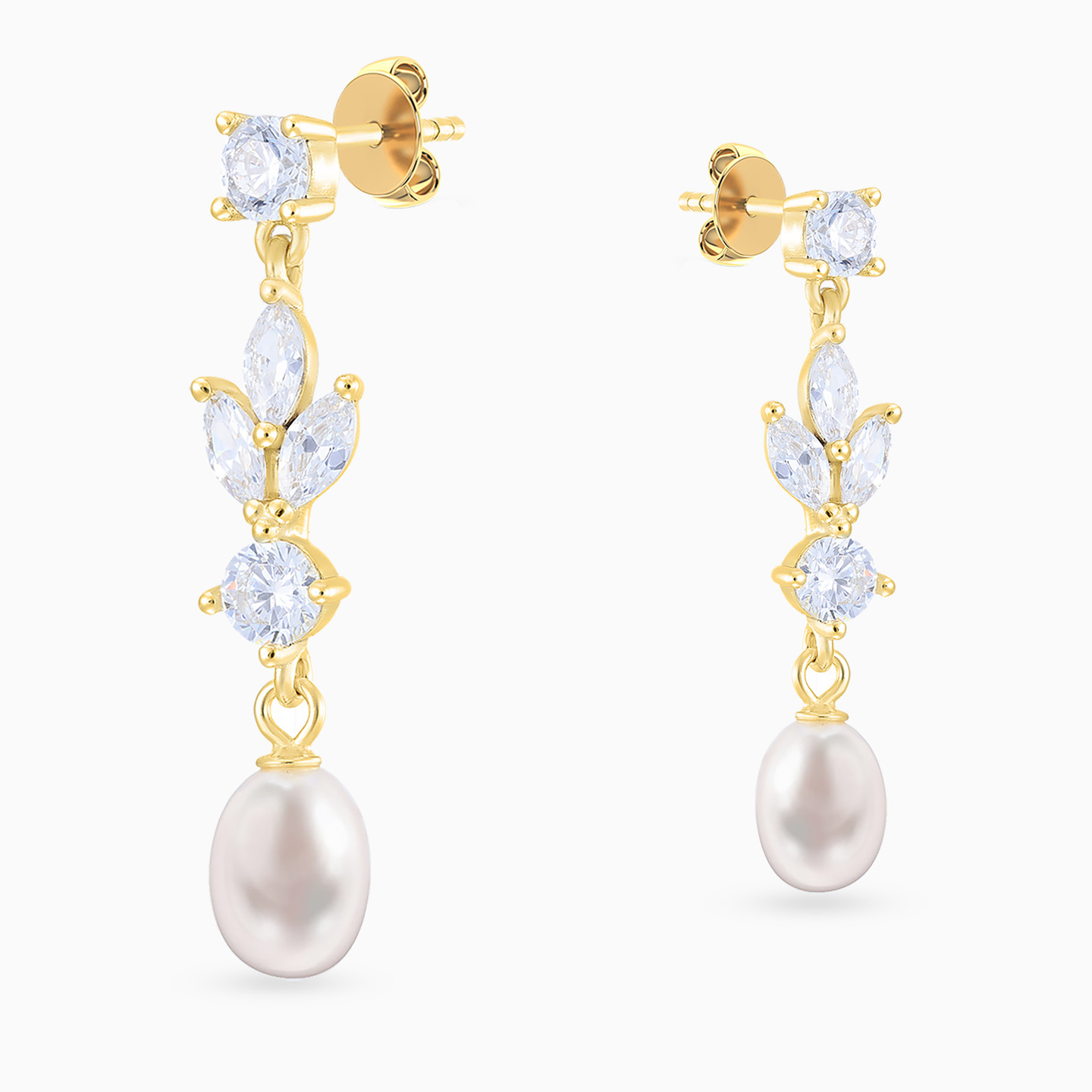Leaves Cubic Zirconia & Pearl Drop Earrings in Yellow Gold Plating - 4 Leaves Cubic Zirconia & Pearl Drop Earrings in Yellow Gold Plating - 4
