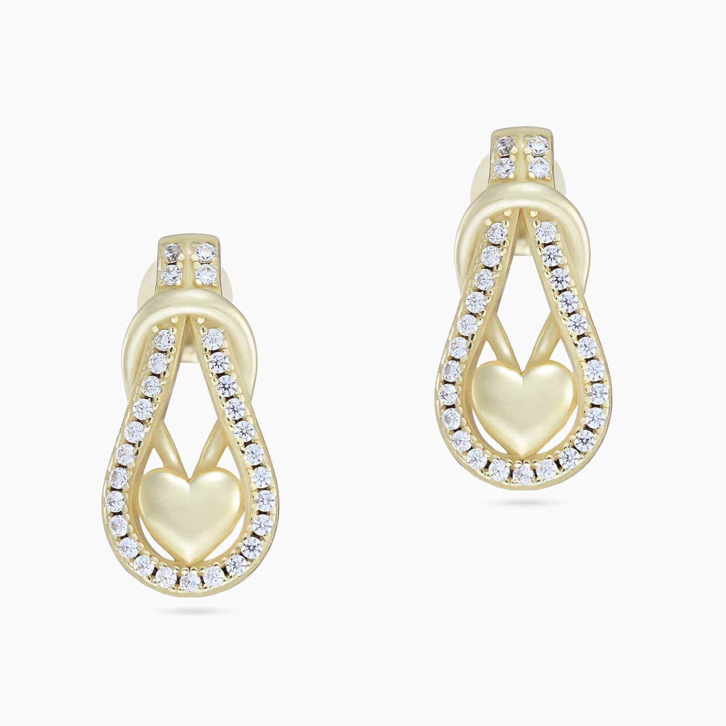 Heart & Rope Clear Stones Drop Earrings in Yellow Gold Plating - 3 Heart & Rope Clear Stones Drop Earrings in Yellow Gold Plating - 3