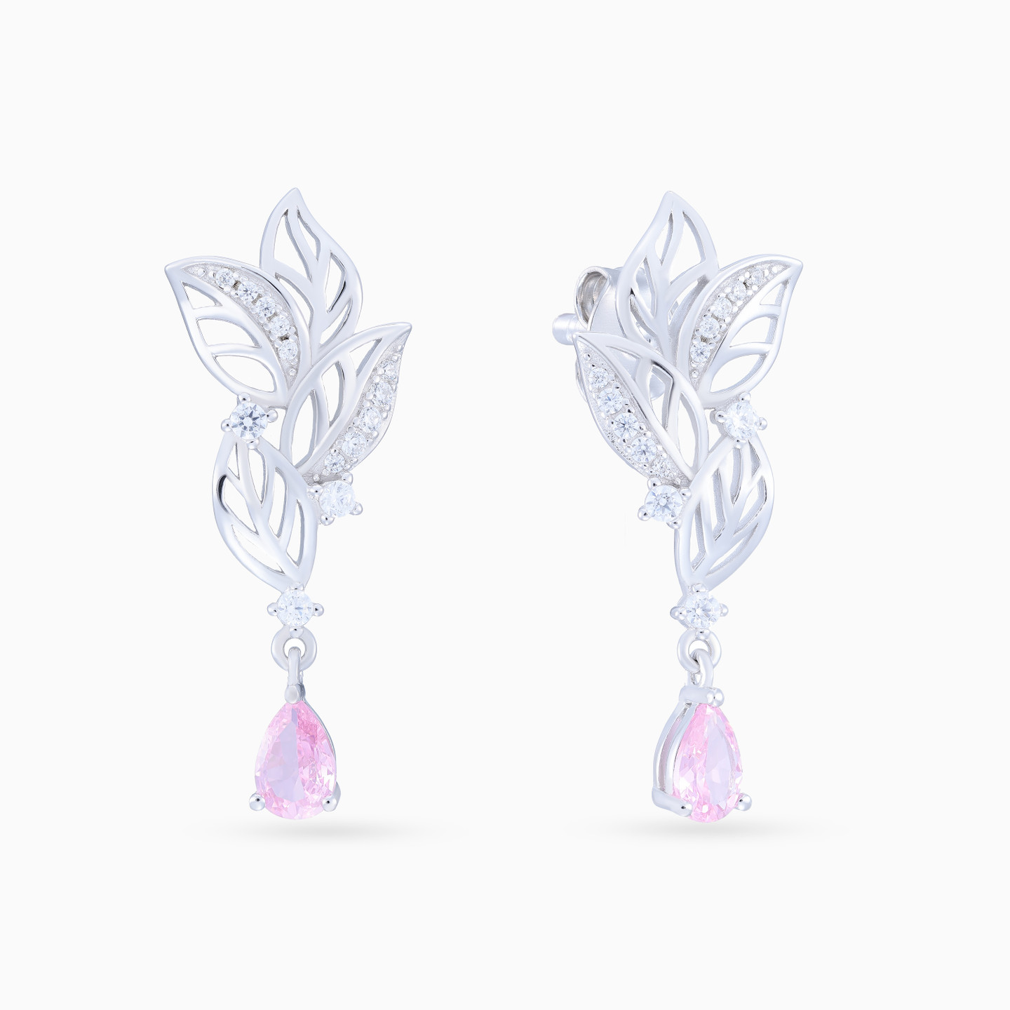 أقراط متدلية شكل أوراق شجر فضة إسترليني مزينة بحجر وردي فاتح أقراط متدلية شكل أوراق شجر فضة إسترليني مزينة بحجر وردي فاتح