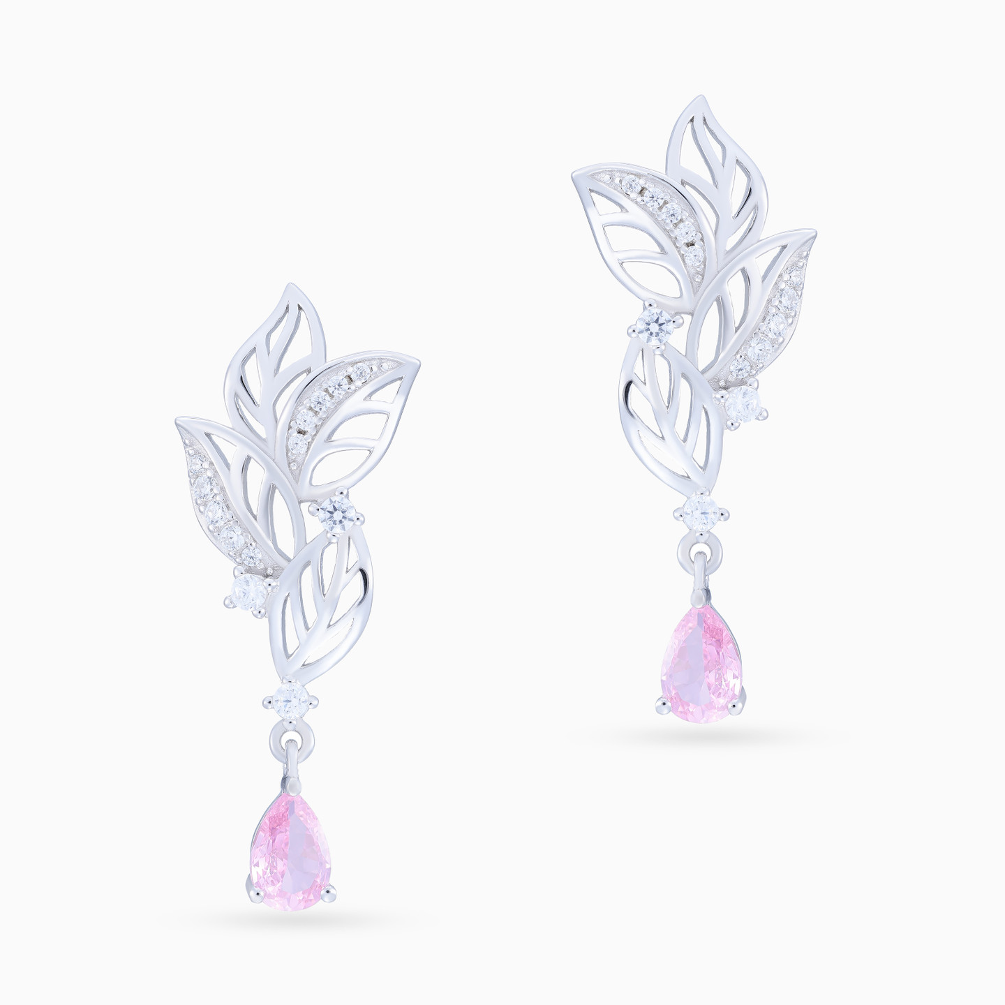 أقراط متدلية شكل أوراق شجر فضة إسترليني مزينة بحجر وردي فاتح - 3 أقراط متدلية شكل أوراق شجر فضة إسترليني مزينة بحجر وردي فاتح - 3