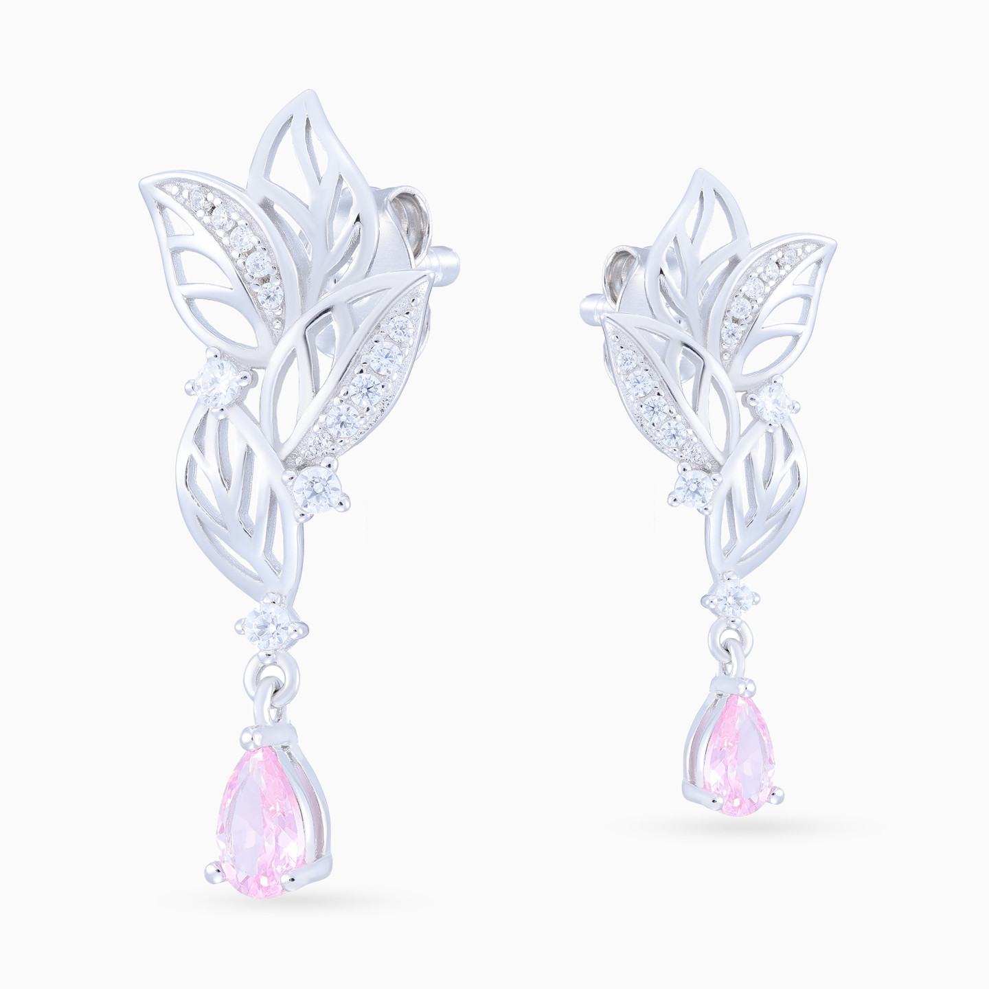 أقراط متدلية شكل أوراق شجر فضة إسترليني مزينة بحجر وردي فاتح - 4 أقراط متدلية شكل أوراق شجر فضة إسترليني مزينة بحجر وردي فاتح - 4