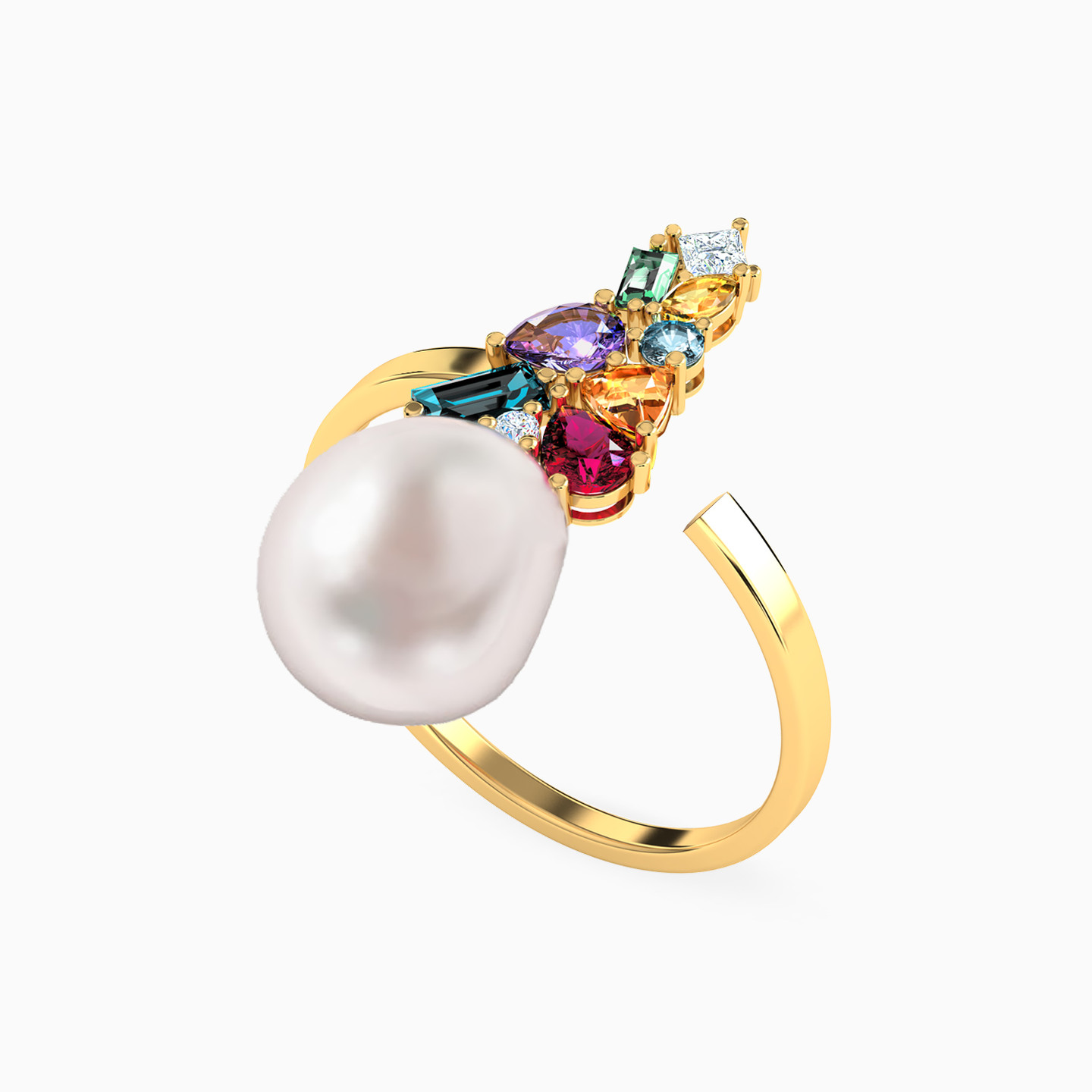 Round Pearls & Colored Stones Statement Ring in 18K Gold - 2 Round Pearls & Colored Stones Statement Ring in 18K Gold - 2