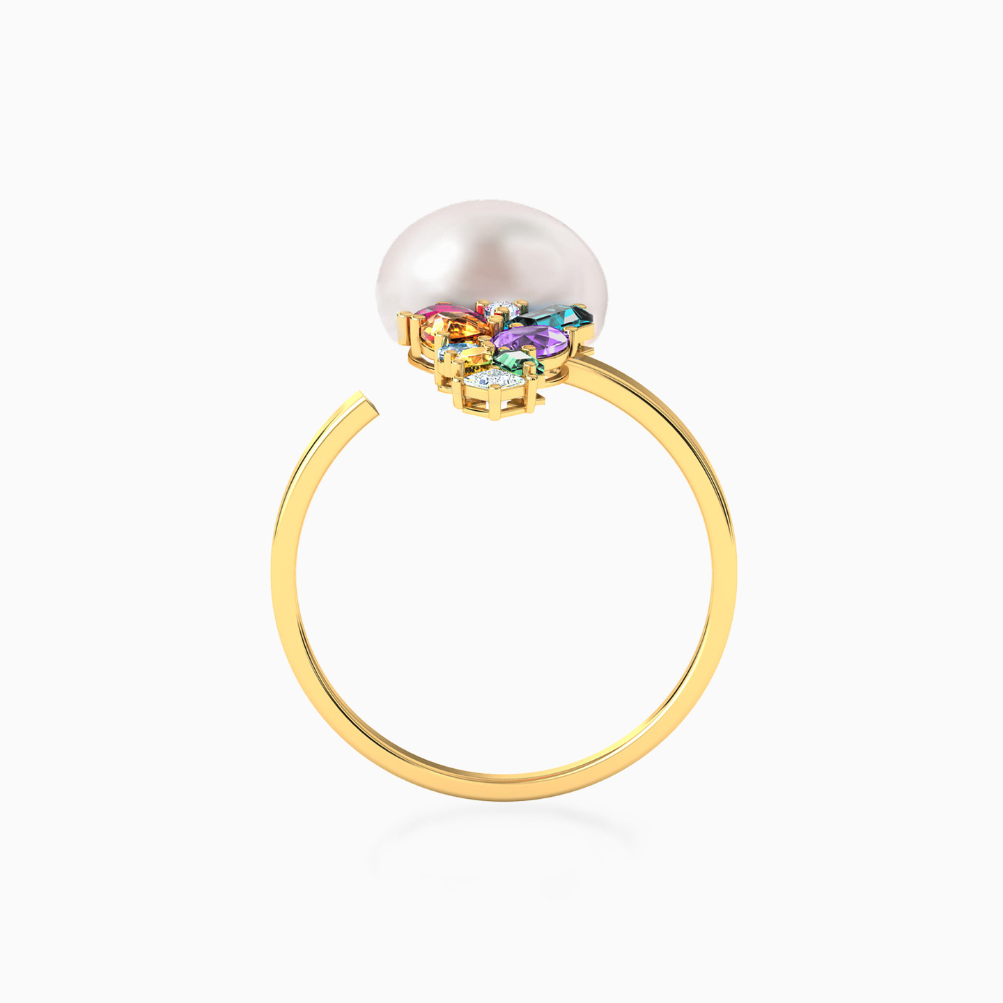 Round Pearls & Colored Stones Statement Ring in 18K Gold - 3 Round Pearls & Colored Stones Statement Ring in 18K Gold - 3