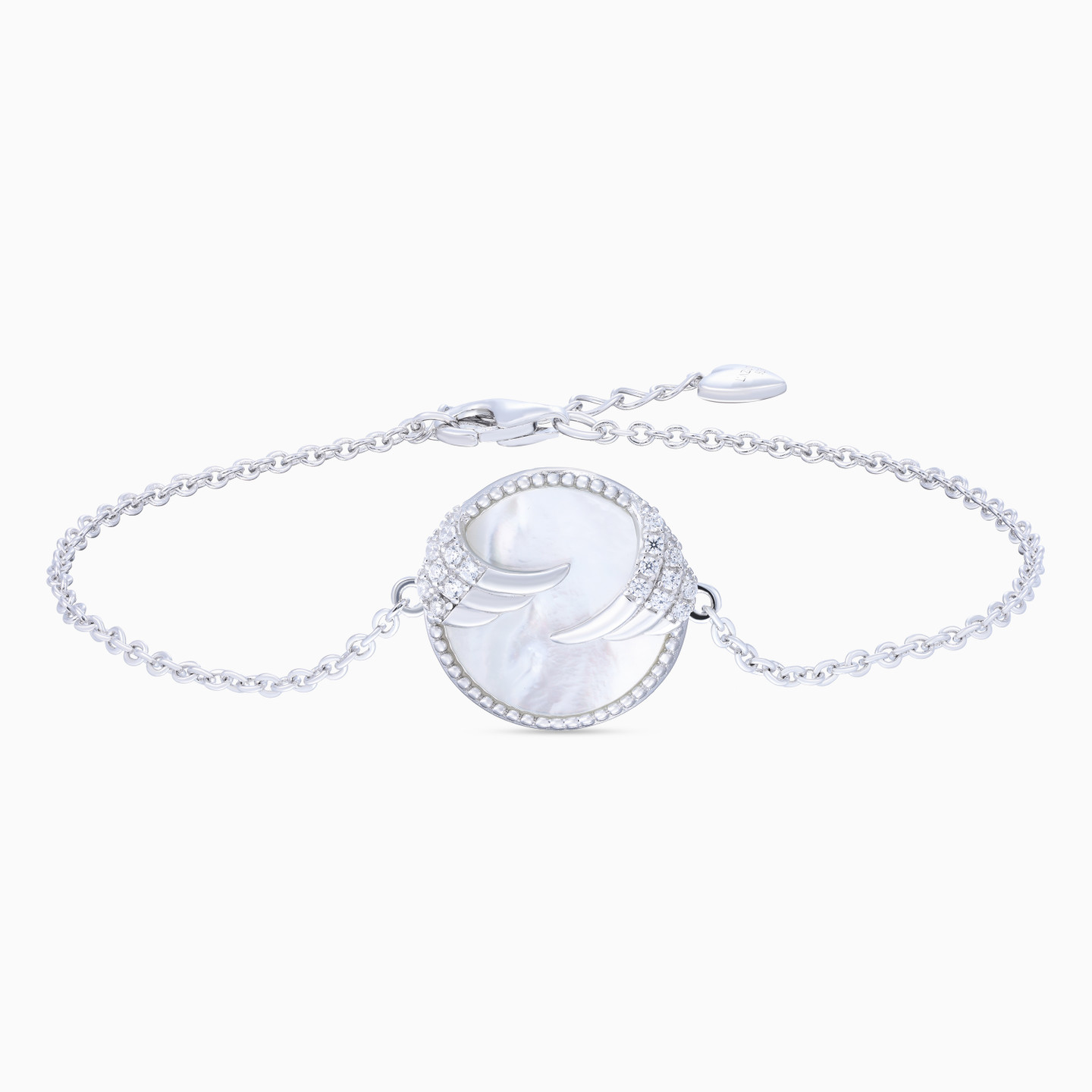 أسورة بسلسلة شكل أجنحة فضة إسترليني مزينة بحجر شفاف ولؤلؤ أسورة بسلسلة شكل أجنحة فضة إسترليني مزينة بحجر شفاف ولؤلؤ