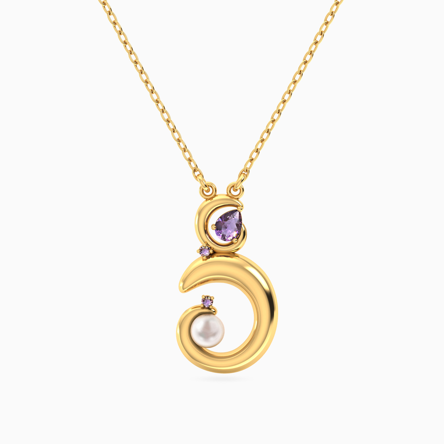 Crescent Pearl & Purple Stone Necklace in 18K Gold Crescent Pearl & Purple Stone Necklace in 18K Gold