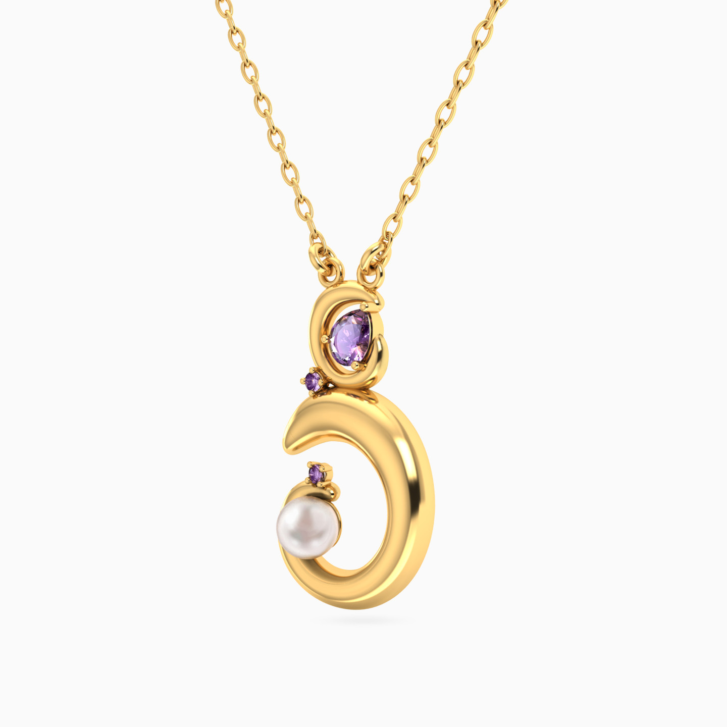 Crescent Pearl & Purple Stone Necklace in 18K Gold - 2 Crescent Pearl & Purple Stone Necklace in 18K Gold - 2