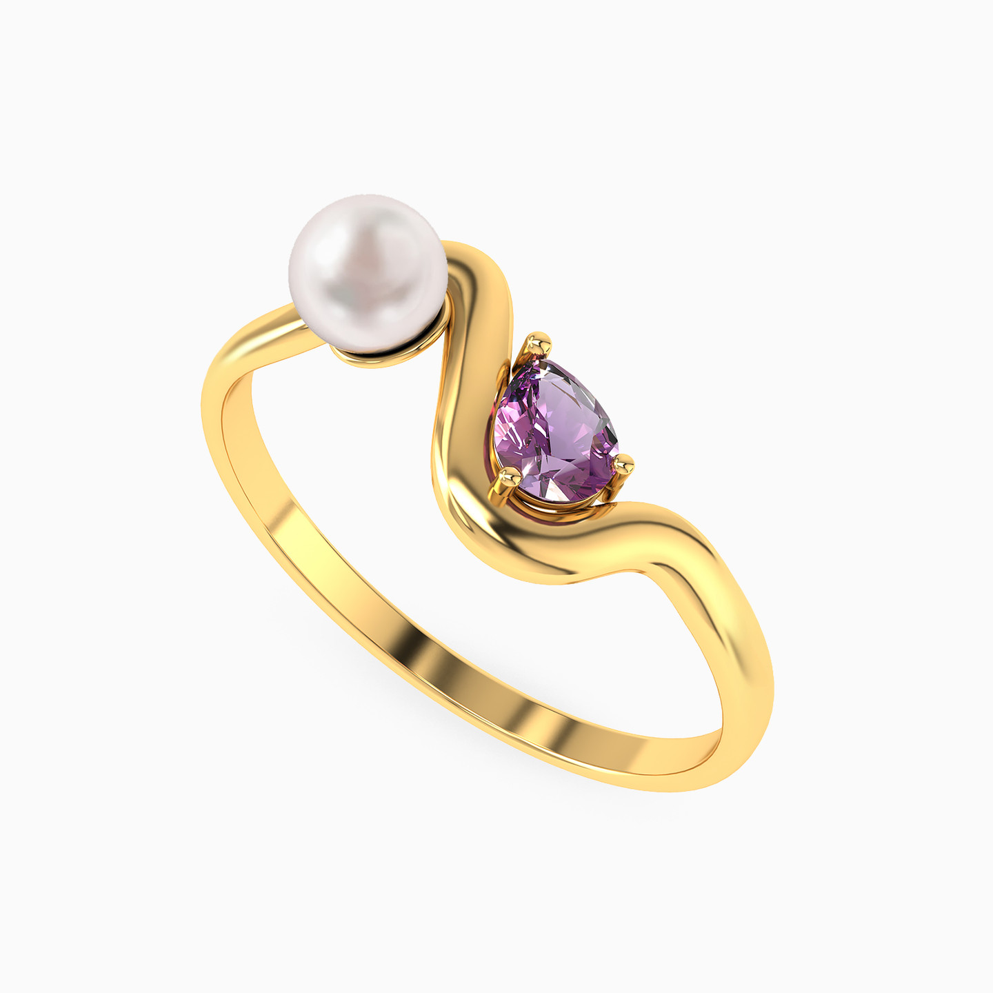 Flowing Pearl & Purple Stone Ring in 18K Gold - 3 Flowing Pearl & Purple Stone Ring in 18K Gold - 3