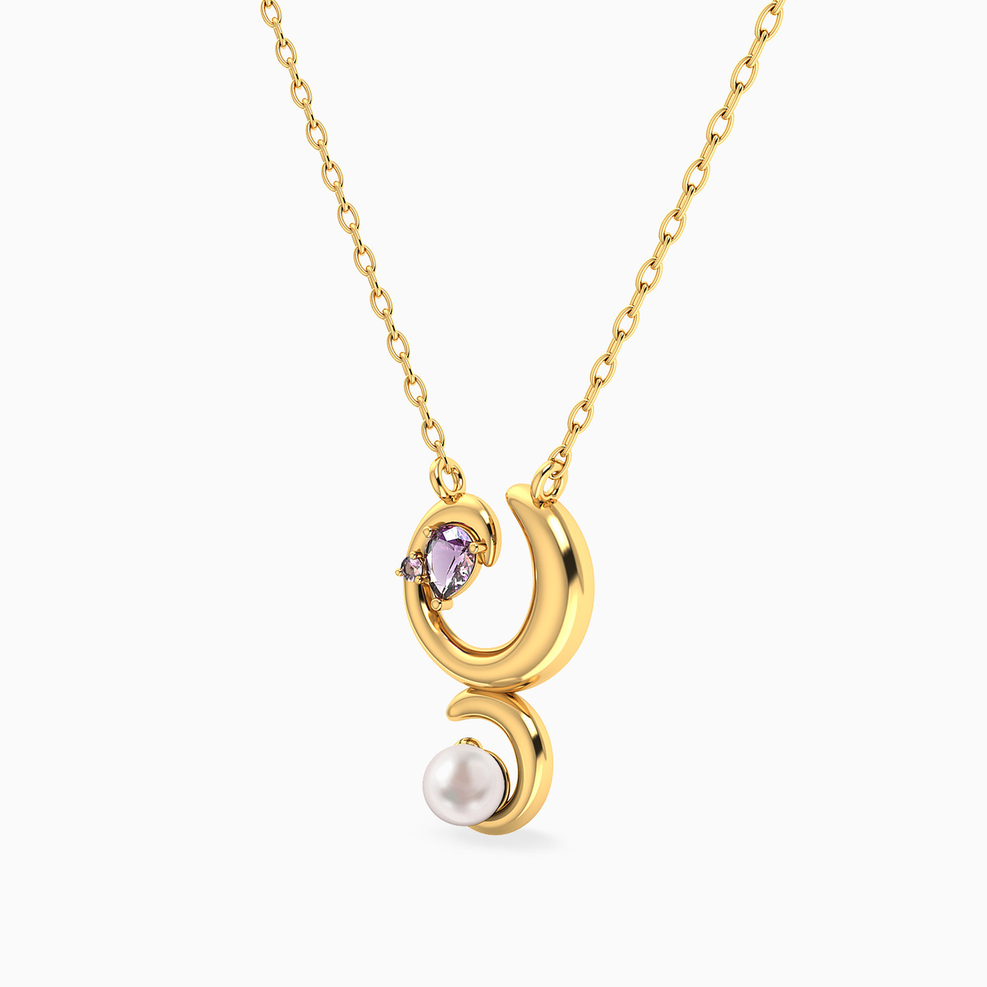 Crescent Pearl & Purple Stone Necklace in 18K Gold - 2 Crescent Pearl & Purple Stone Necklace in 18K Gold - 2