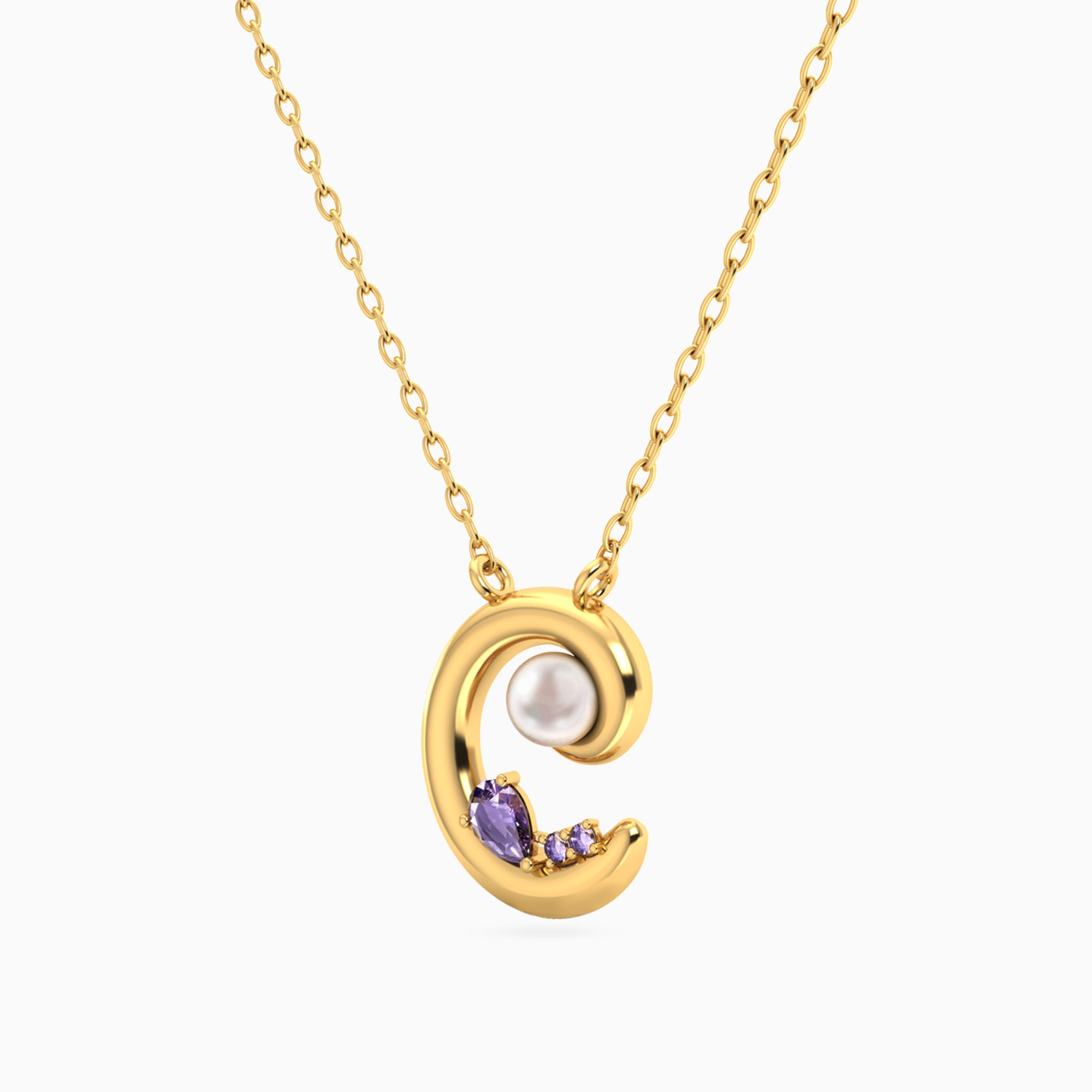 Crescent Pearl & Purple Stone Necklace in 18K Gold - 2 Crescent Pearl & Purple Stone Necklace in 18K Gold - 2
