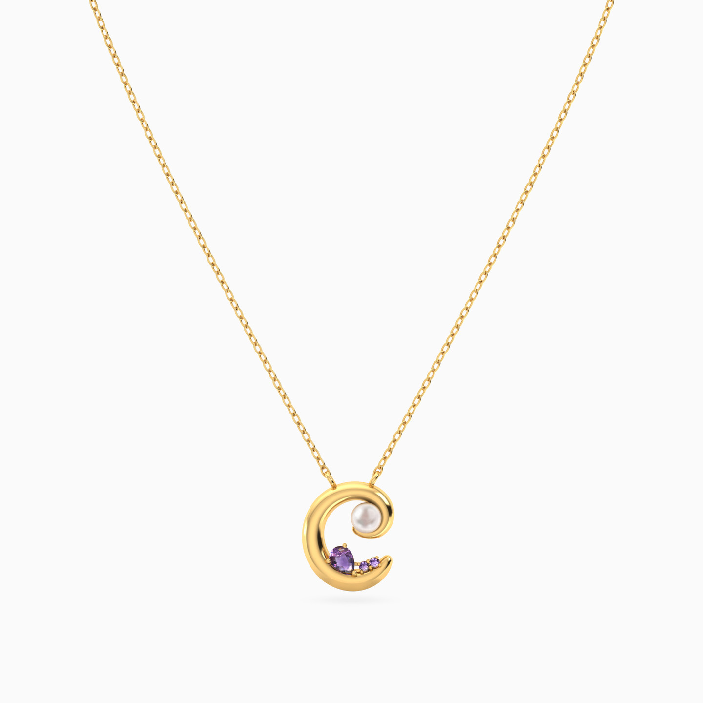 Crescent Pearl & Purple Stone Necklace in 18K Gold - 3 Crescent Pearl & Purple Stone Necklace in 18K Gold - 3