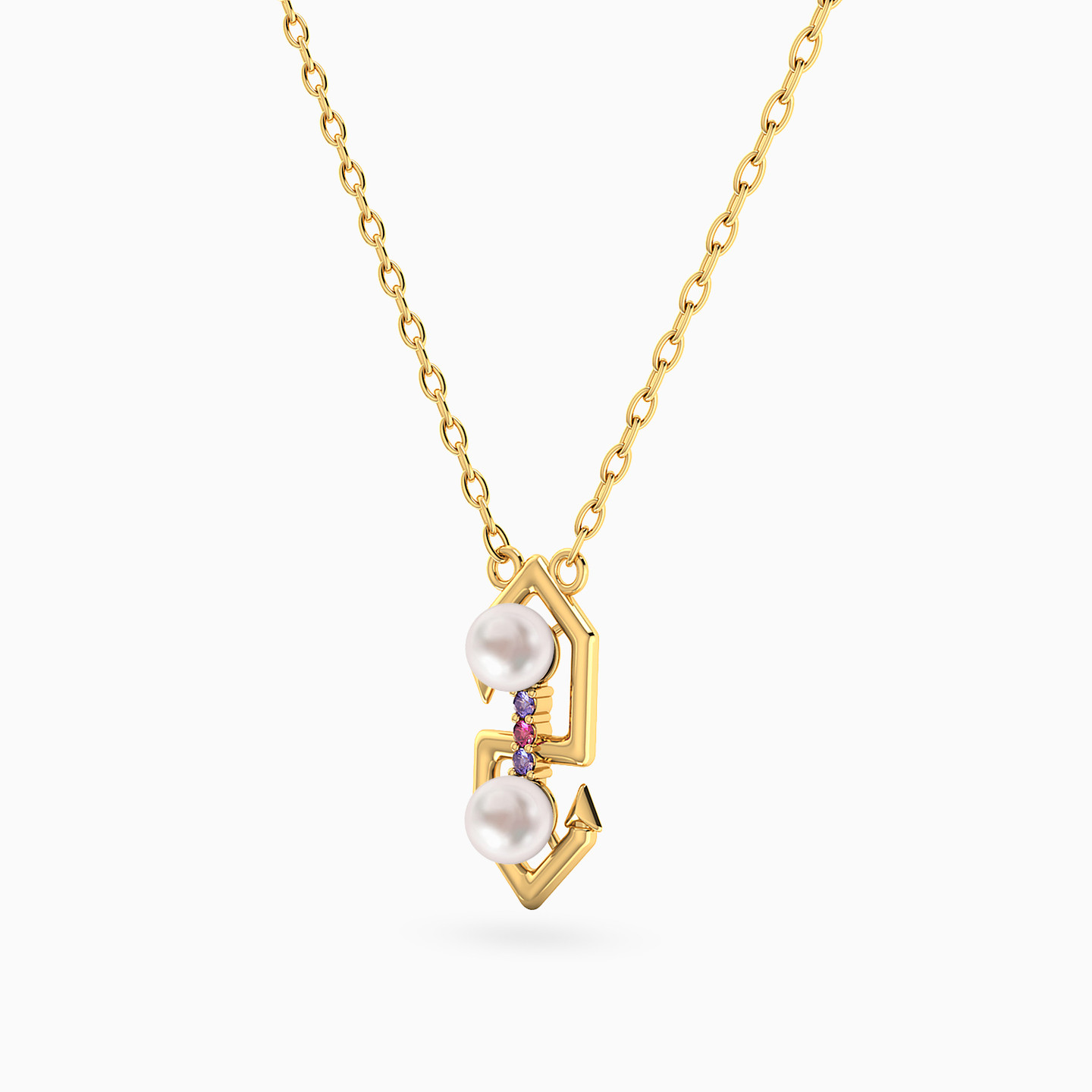 Geometric Pearl & Purple Stone Necklace in 18K Gold - 2 Geometric Pearl & Purple Stone Necklace in 18K Gold - 2