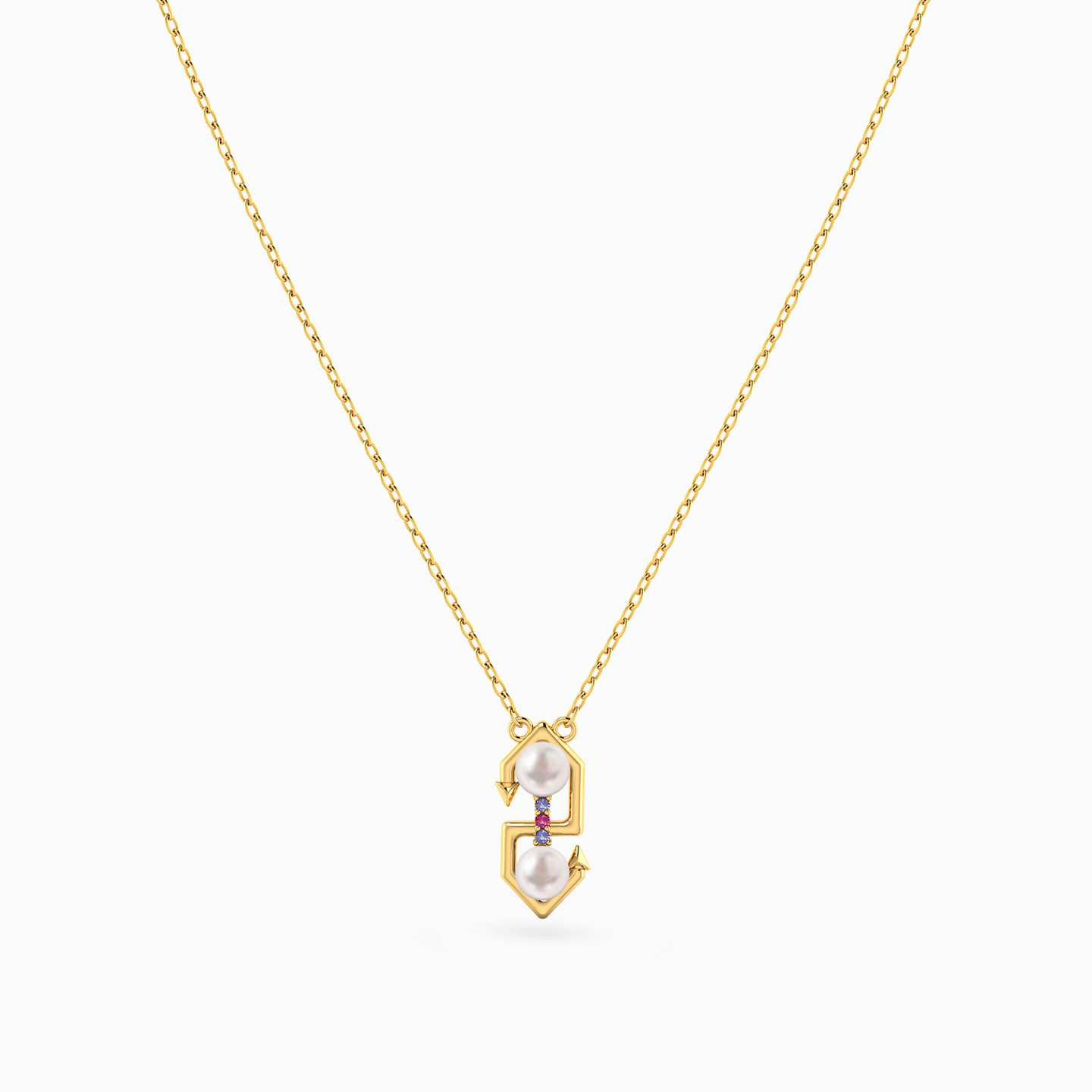 Geometric Pearl & Purple Stone Necklace in 18K Gold - 3 Geometric Pearl & Purple Stone Necklace in 18K Gold - 3