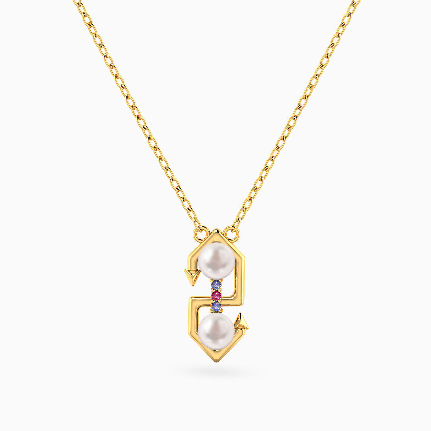 Geometric Pearl & Colored Stones Necklace in 18K Gold Geometric Pearl & Colored Stones Necklace in 18K Gold