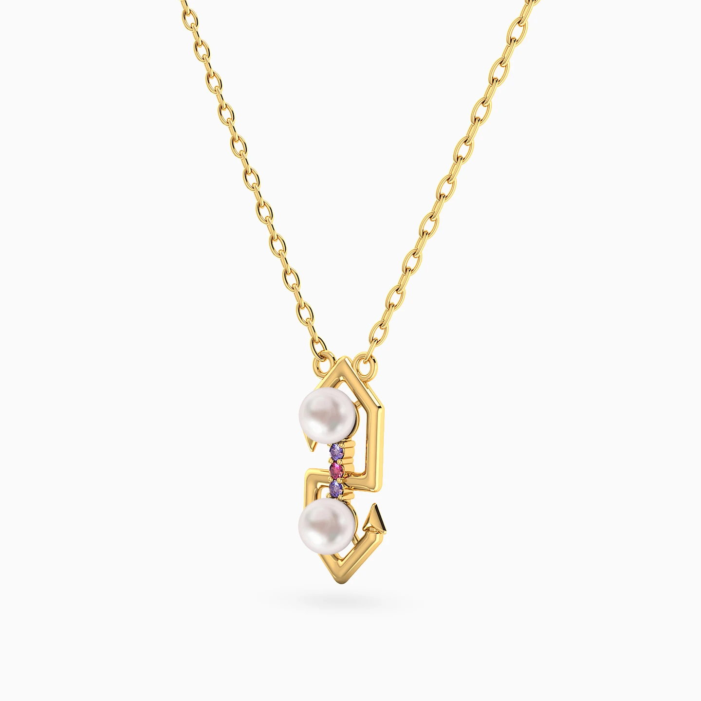 Geometric Pearl & Colored Stones Necklace in 18K Gold - 2 Geometric Pearl & Colored Stones Necklace in 18K Gold - 2