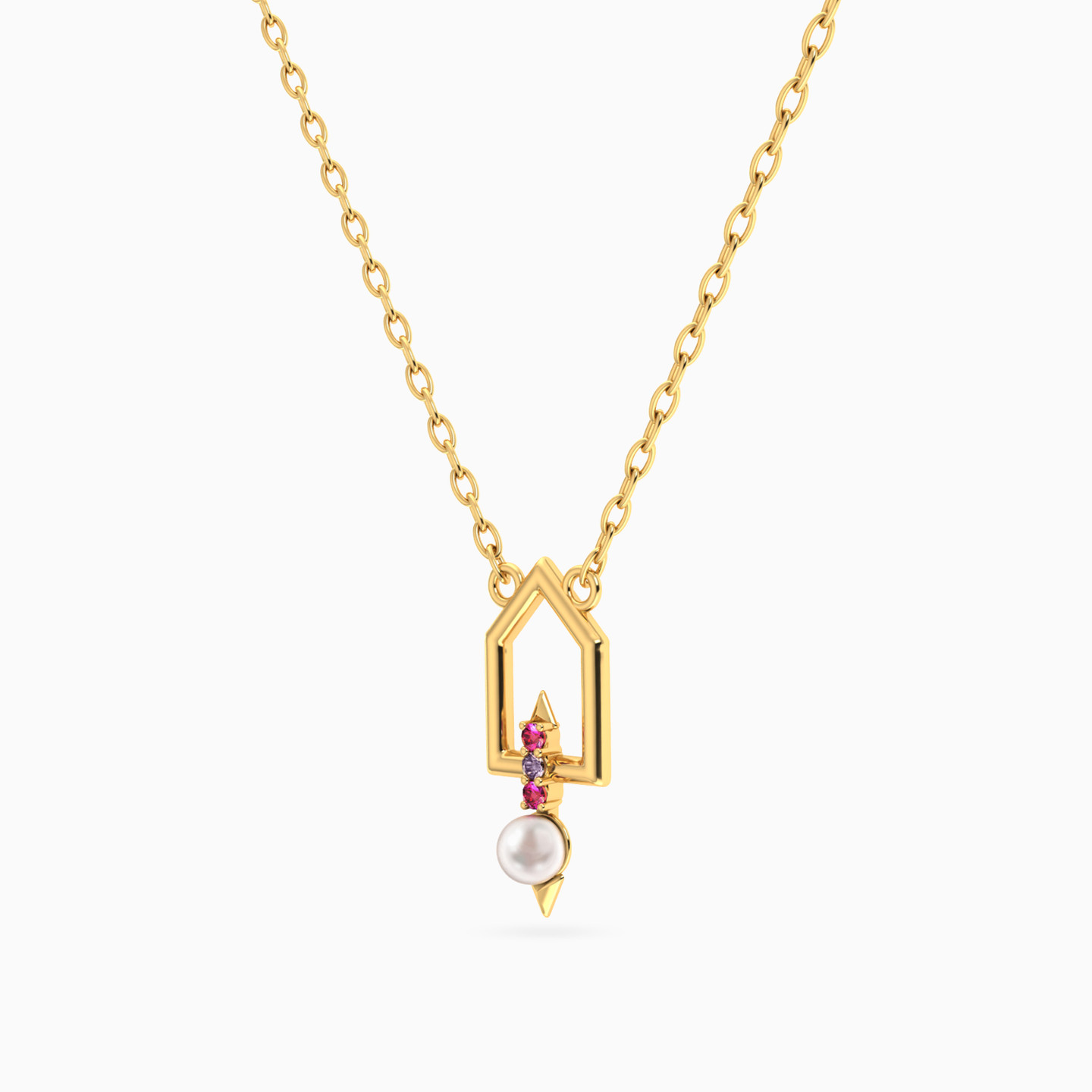 Geometric Pearl & Purple Stone Necklace in 18K Gold - 2 Geometric Pearl & Purple Stone Necklace in 18K Gold - 2