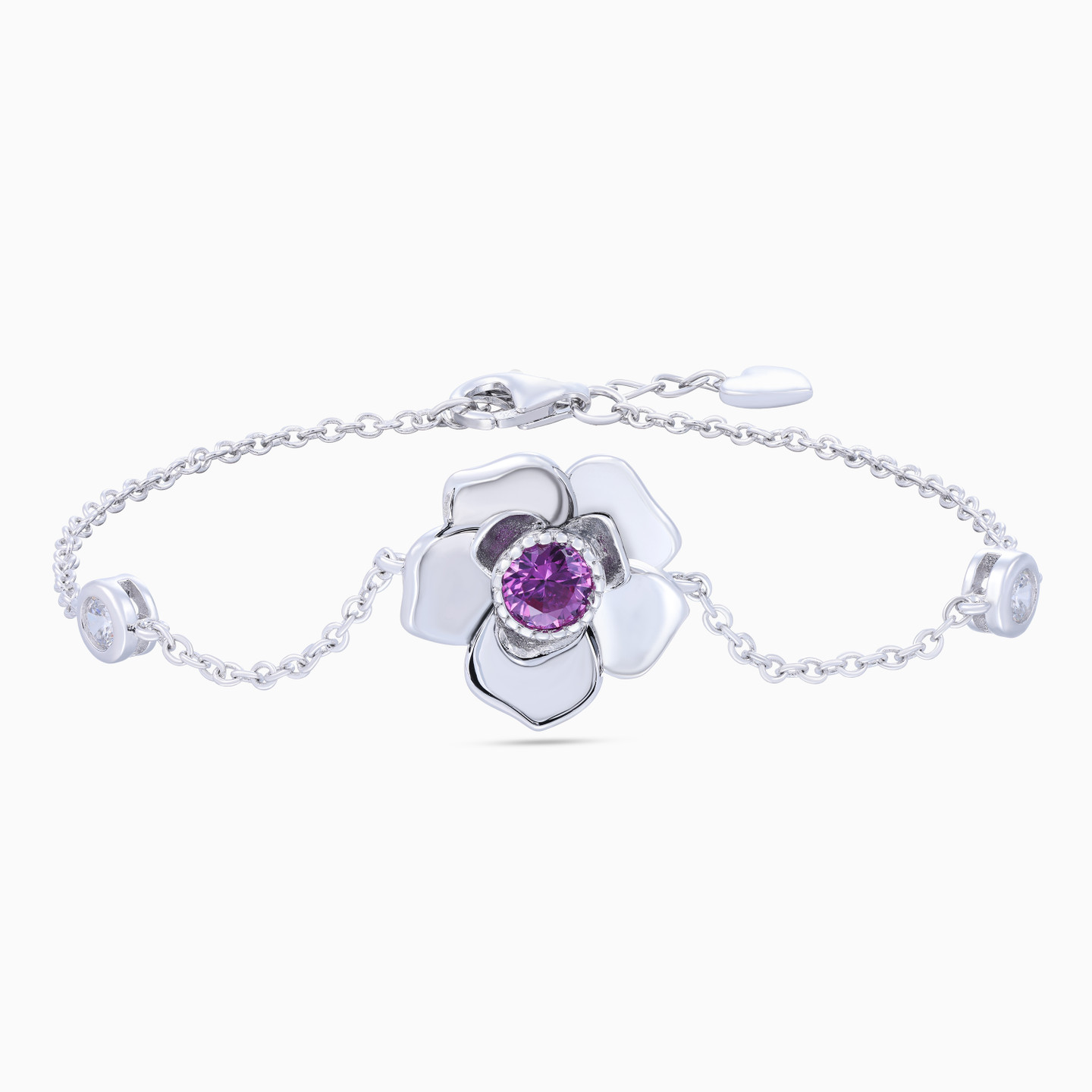 Flower Purple Stone Chain Bracelet In Sterling Silver Flower Purple Stone Chain Bracelet In Sterling Silver