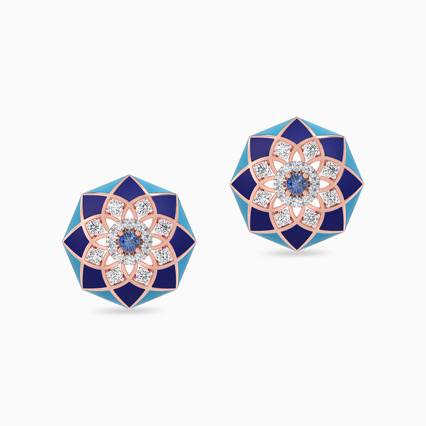 Octagon Diamond & Blue Stone Stud Earrings in 18K Gold - 2 Octagon Diamond & Blue Stone Stud Earrings in 18K Gold - 2