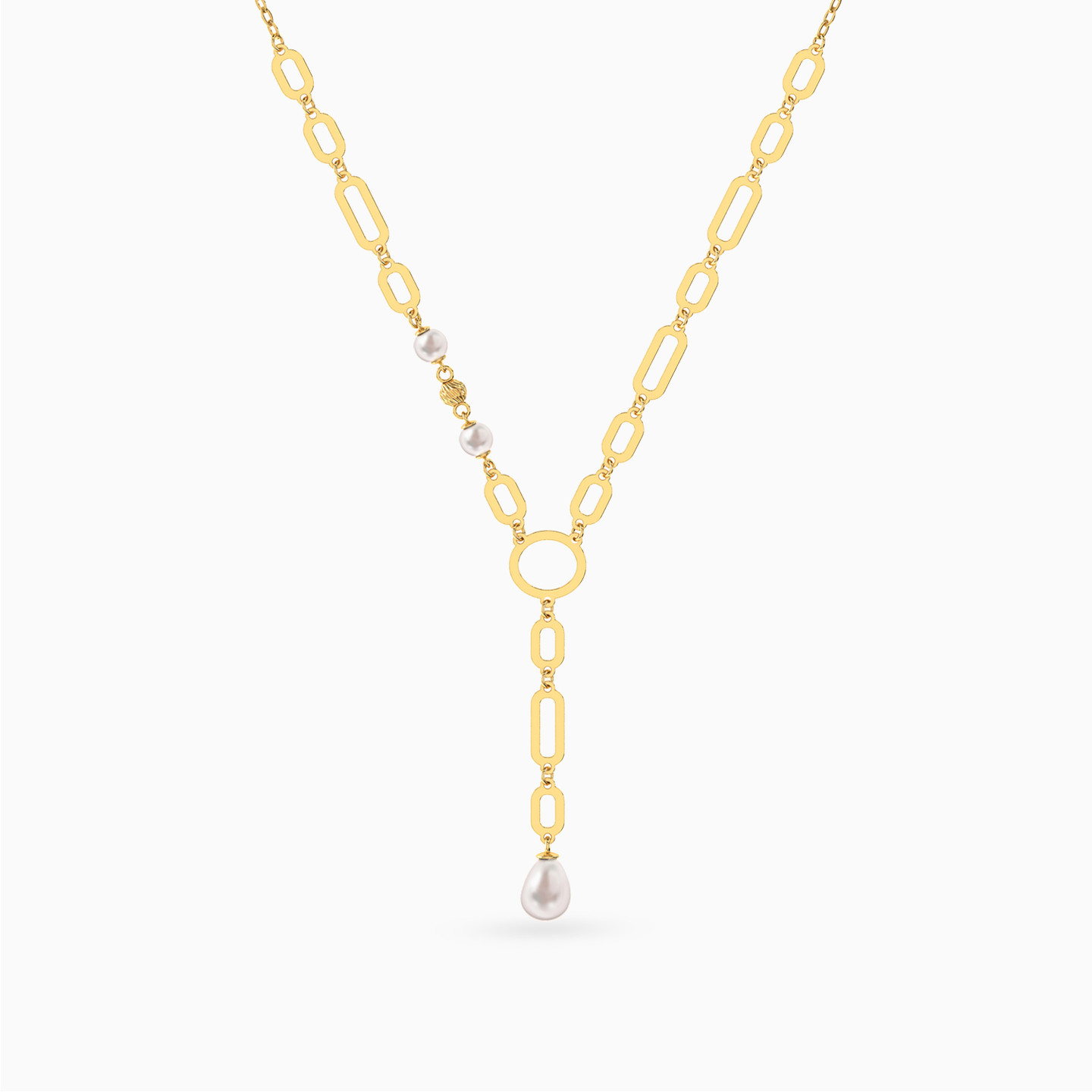 Geometric Chain Pearl Lariat Necklace In 18K Gold Geometric Chain Pearl Lariat Necklace In 18K Gold