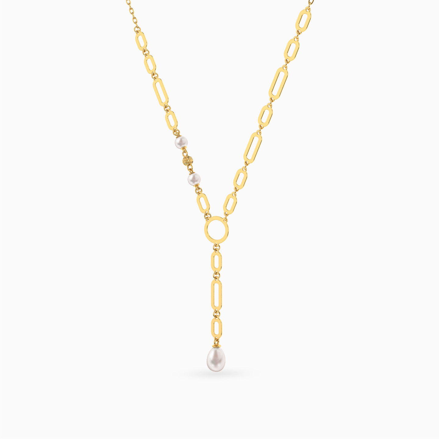 Geometric Chain Pearl Lariat Necklace In 18K Gold - 2 Geometric Chain Pearl Lariat Necklace In 18K Gold - 2