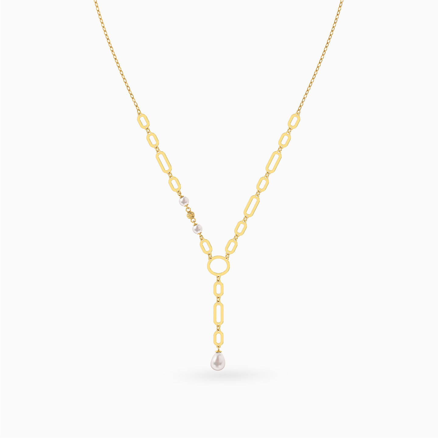 Geometric Chain Pearl Lariat Necklace In 18K Gold - 3 Geometric Chain Pearl Lariat Necklace In 18K Gold - 3
