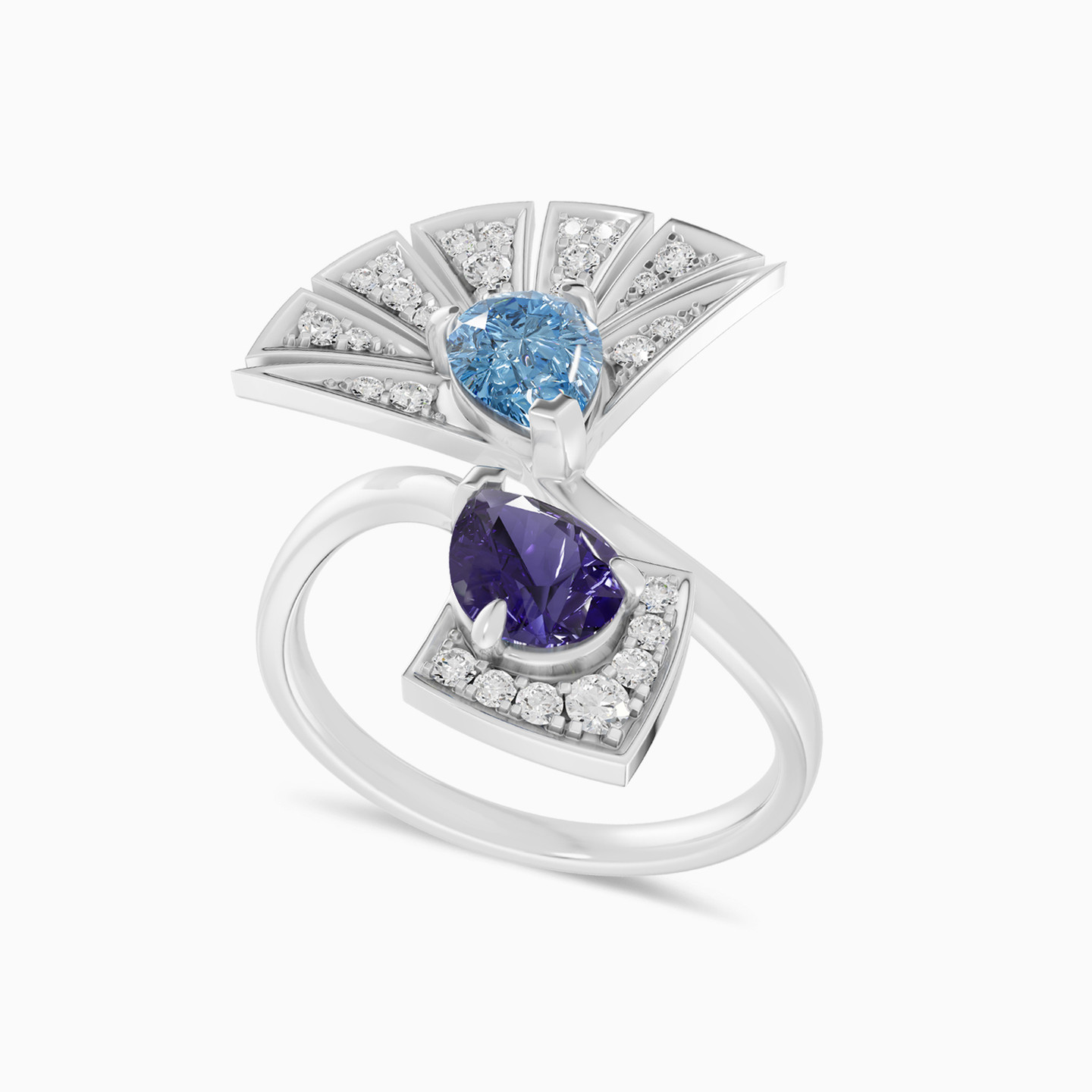 Fan Colored Stones & Diamond Bypass Ring In 18K Gold - 3 Fan Colored Stones & Diamond Bypass Ring In 18K Gold - 3