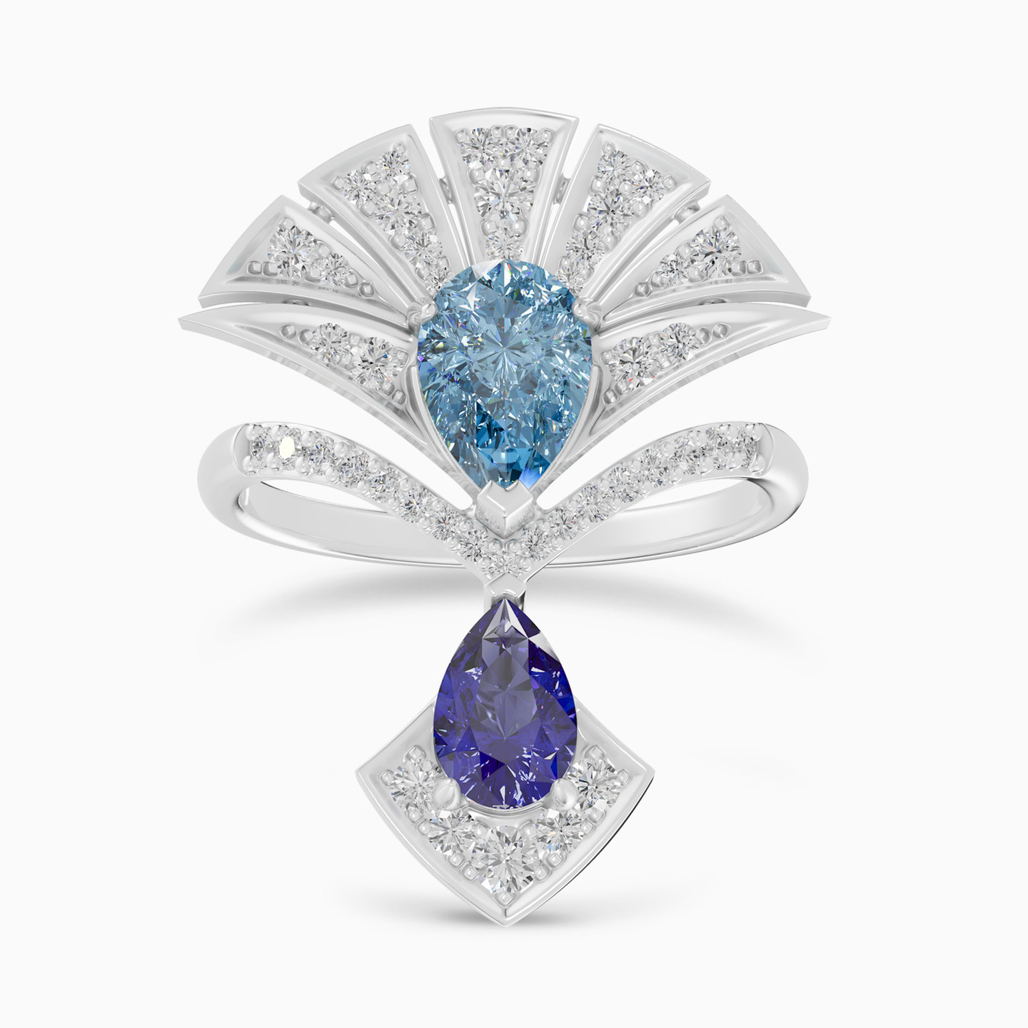 Fan Colored Stones & Diamond Pave Ring In 18K Gold - 5 Fan Colored Stones & Diamond Pave Ring In 18K Gold - 5