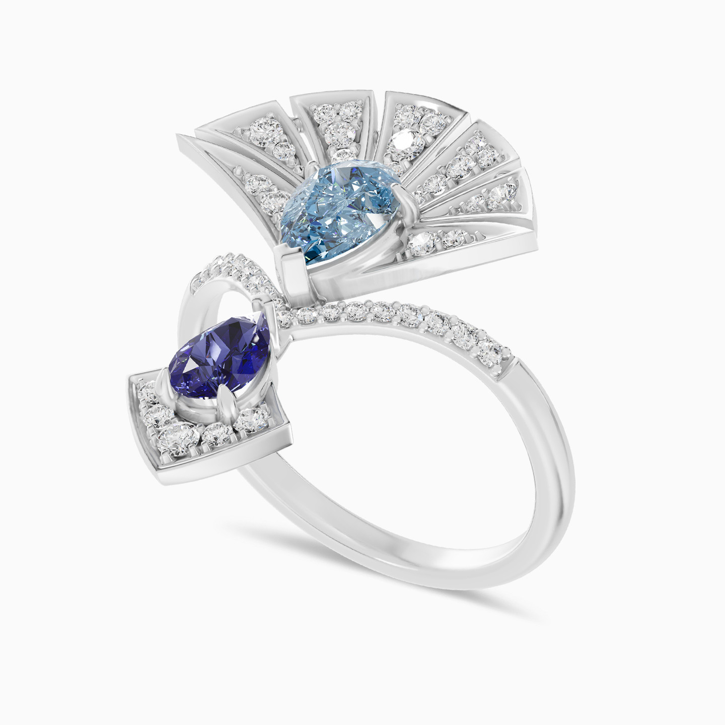 Fan Colored Stones & Diamond Pave Ring In 18K Gold - 7 Fan Colored Stones & Diamond Pave Ring In 18K Gold - 7