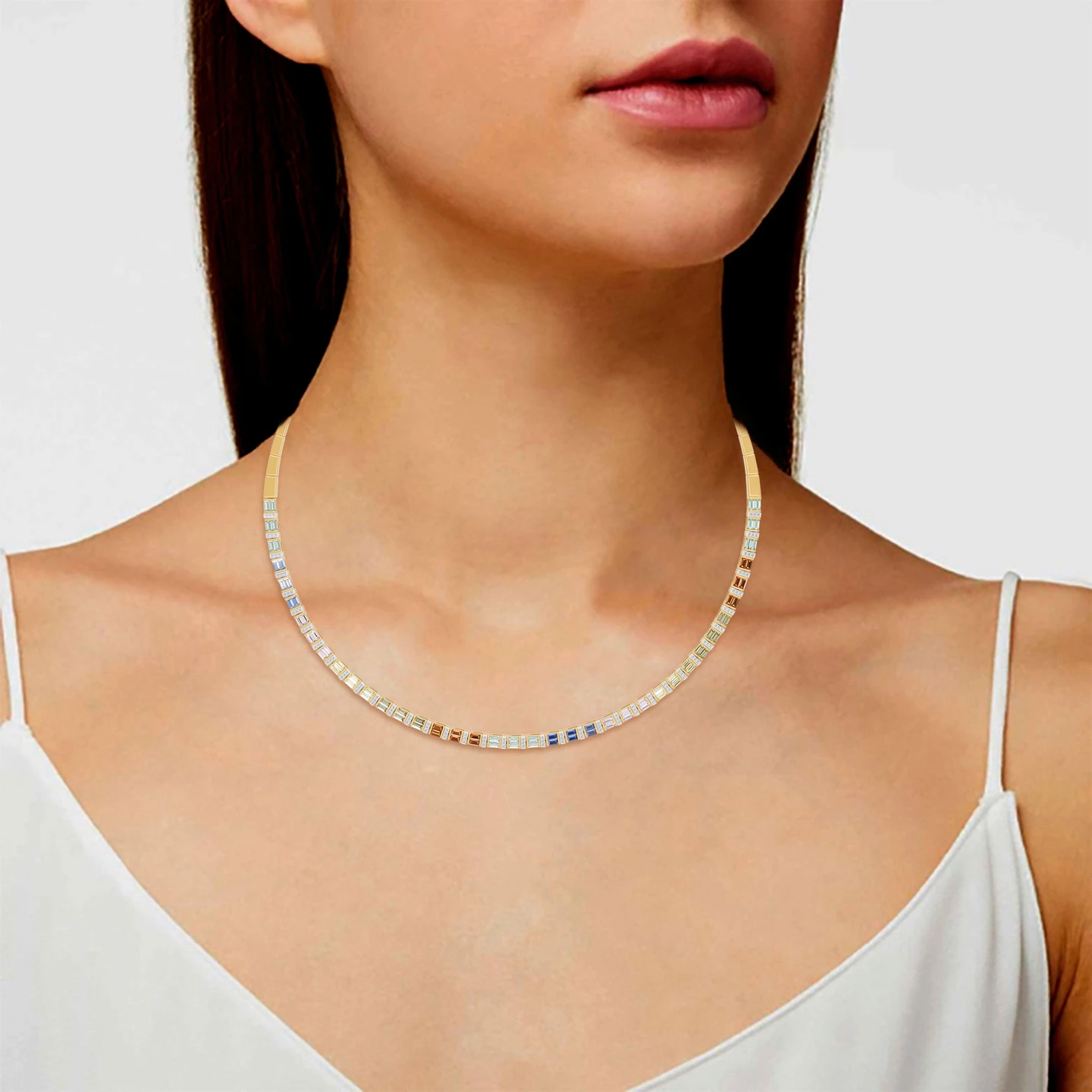 Baguette Colored Stones & Diamond Collar Necklace In 18K Gold - 2 Baguette Colored Stones & Diamond Collar Necklace In 18K Gold - 2