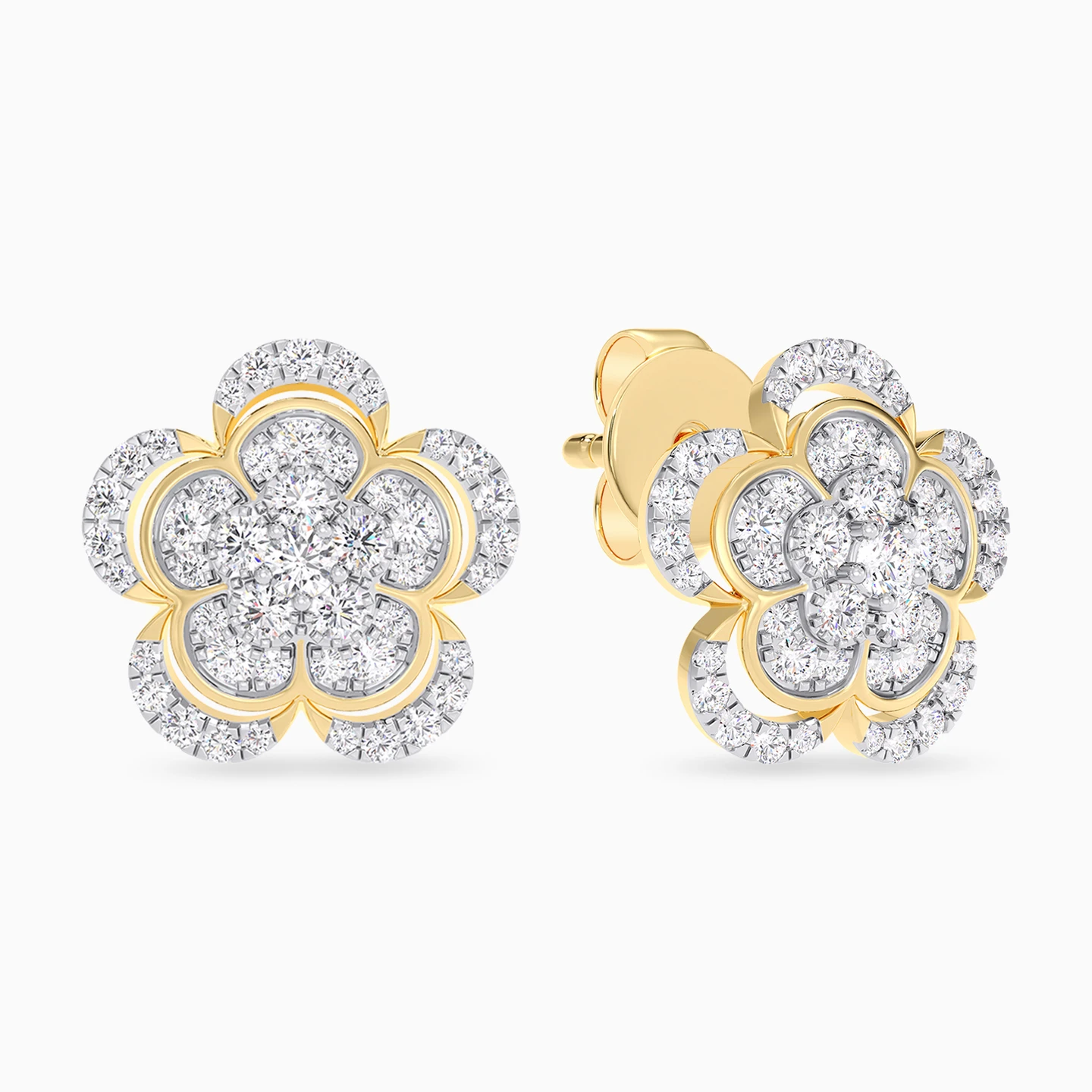 Floral layers Diamond Stud Earrings In 18K Gold - 2 Floral layers Diamond Stud Earrings In 18K Gold - 2