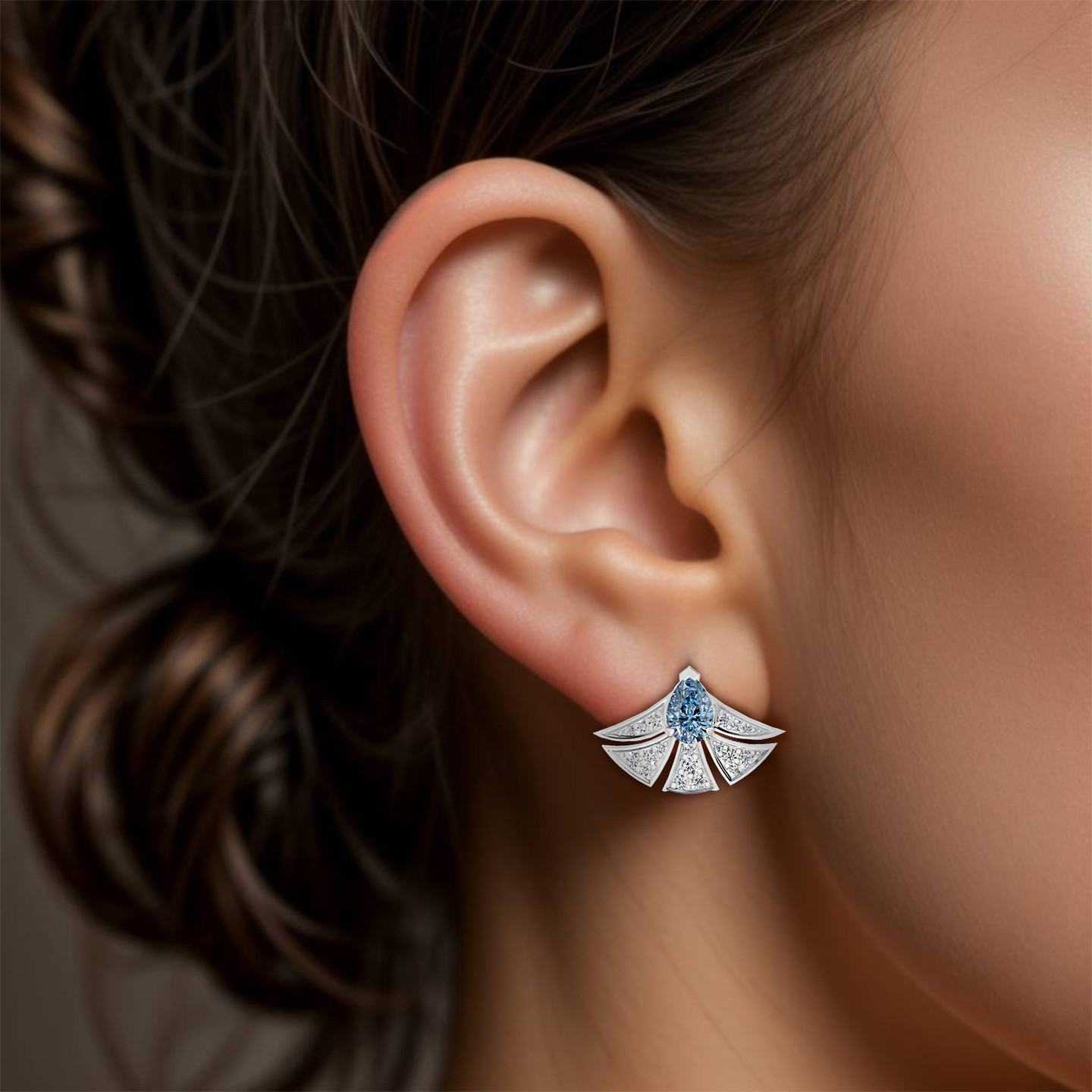 Solo Fan Shaped Blue Stone & Diamond Earrings In 18K Gold - 3 Solo Fan Shaped Blue Stone & Diamond Earrings In 18K Gold - 3