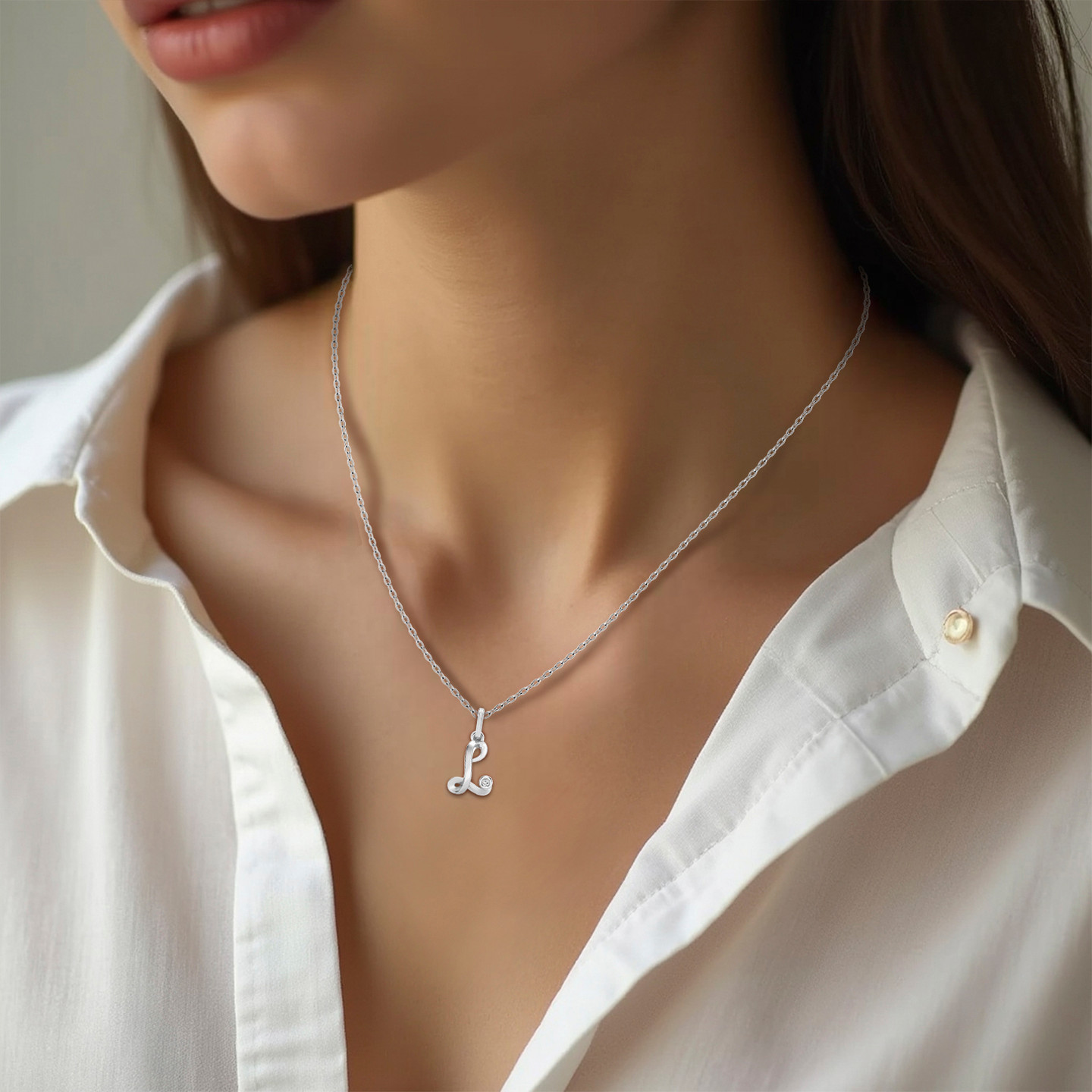 Letter (L) Lab Grown Diamonds Sterling Silver Necklace - 2 Letter (L) Lab Grown Diamonds Sterling Silver Necklace - 2