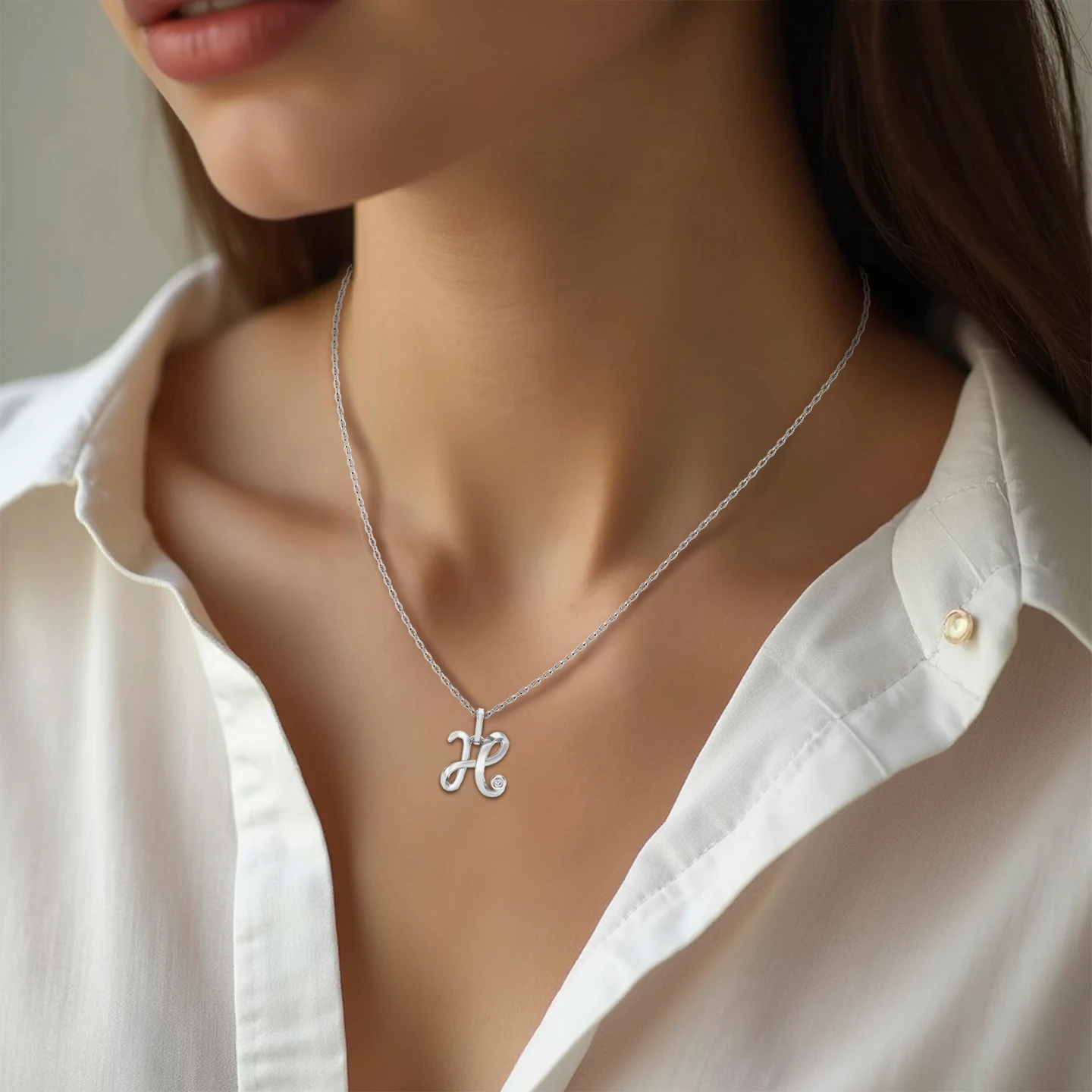 Letter (H) Lab Grown Diamonds Sterling Silver Necklace - 2 Letter (H) Lab Grown Diamonds Sterling Silver Necklace - 2