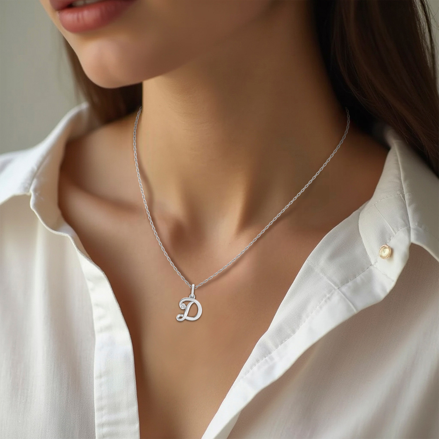 سلسلة فضة إسترليني شكل حرف (D) مزينة بألماس مختبرات - 2 سلسلة فضة إسترليني شكل حرف (D) مزينة بألماس مختبرات - 2