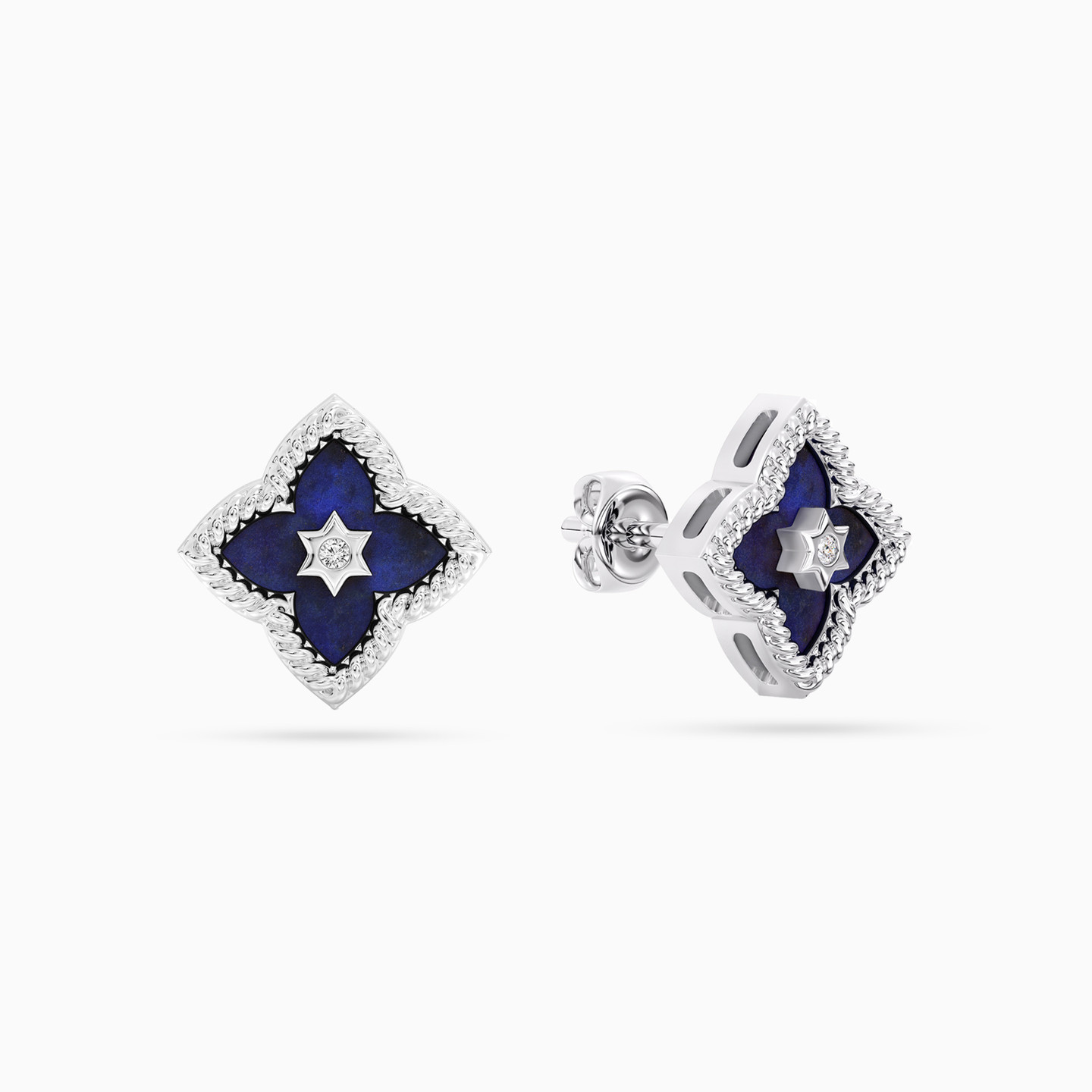 Quatrefoil Flower Blue Stone & Lab Grown Diamonds Sterling Silver Stud Earrings Quatrefoil Flower Blue Stone & Lab Grown Diamonds Sterling Silver Stud Earrings