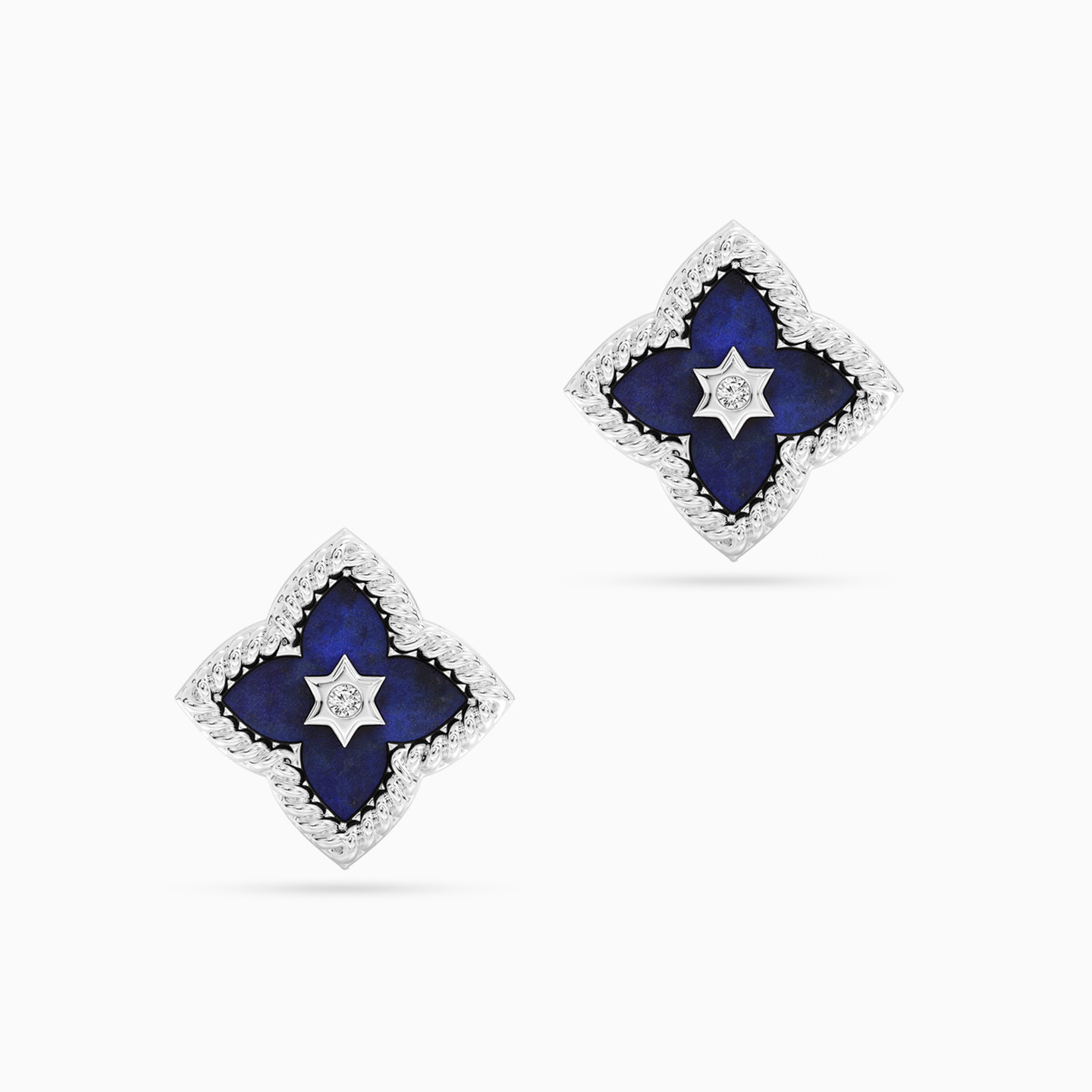 Quatrefoil Flower Blue Stone & Lab Grown Diamonds Sterling Silver Stud Earrings - 2 Quatrefoil Flower Blue Stone & Lab Grown Diamonds Sterling Silver Stud Earrings - 2