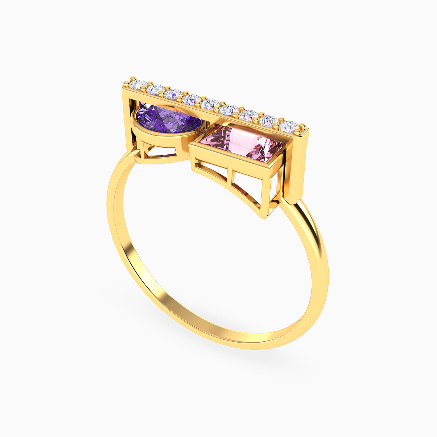 Round & Square Colored Stones Ring in 18K Gold - 3 Round & Square Colored Stones Ring in 18K Gold - 3