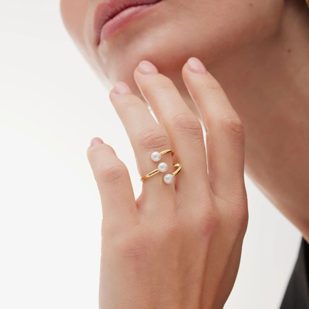 Three Bands Pearl Bypass Gold Plated Ring - 2 Three Bands Pearl Bypass Gold Plated Ring - 2