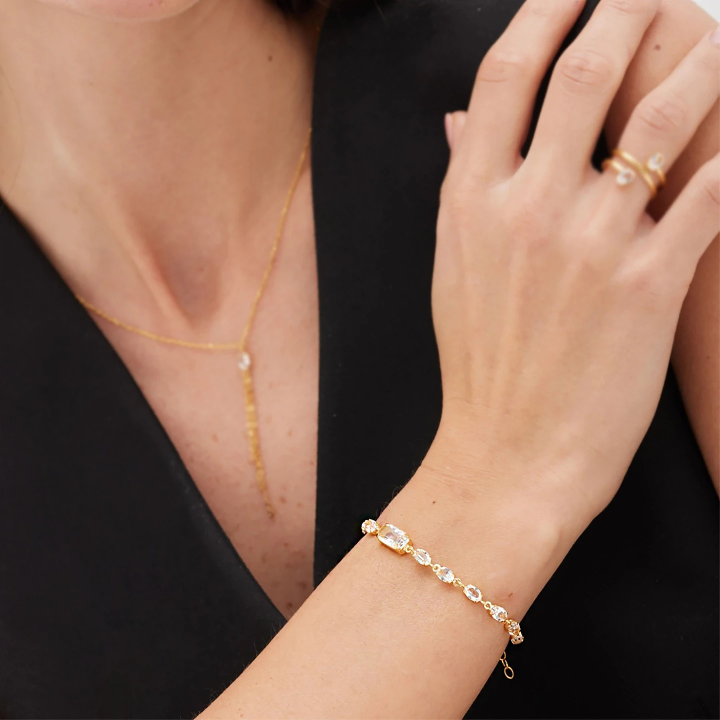 Rectangle & Oval Cubic Zirconia Gold Plated Chain Bracelet - 2 Rectangle & Oval Cubic Zirconia Gold Plated Chain Bracelet - 2