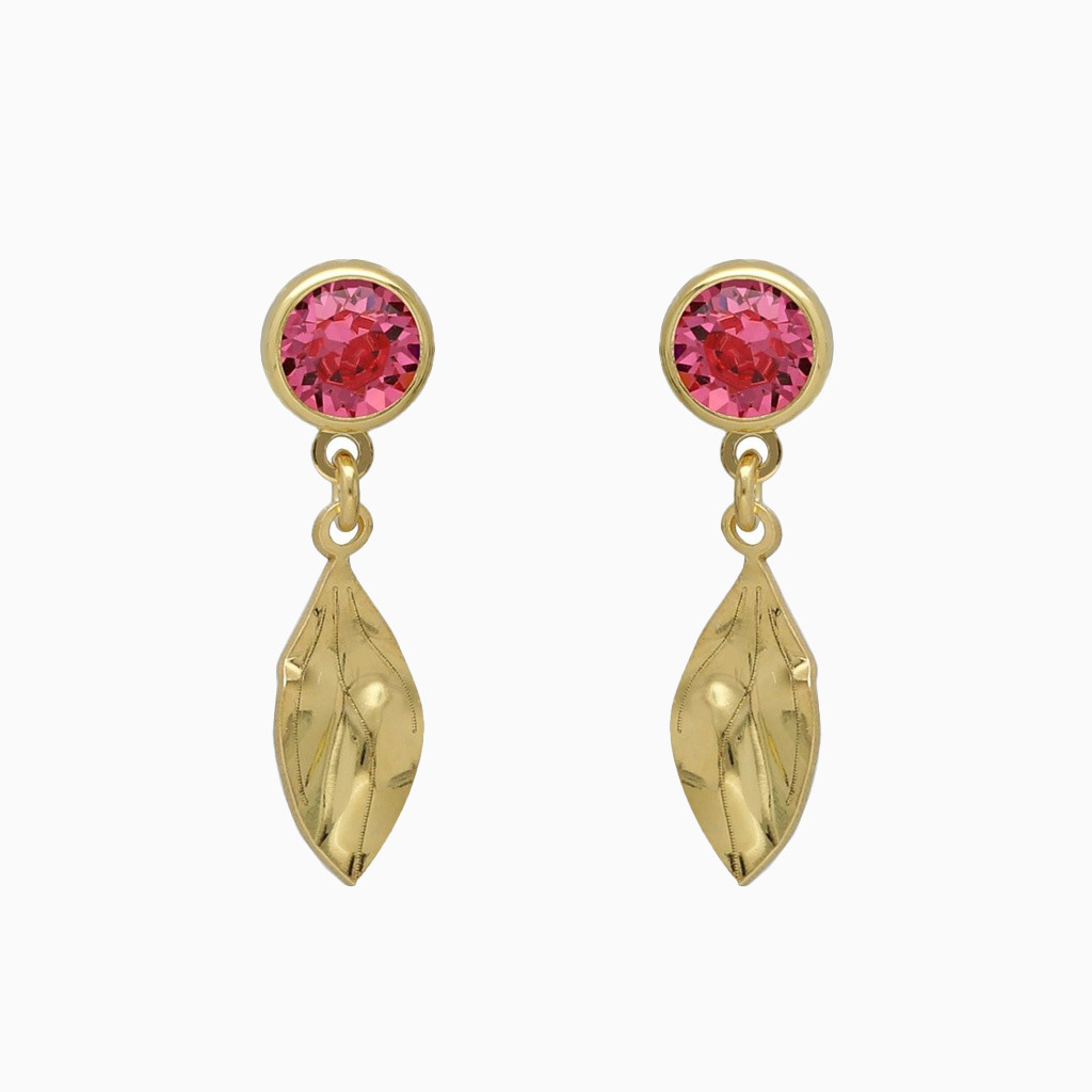 Round & Leaf Drop Pink Stone Gold Plated Earrings Round & Leaf Drop Pink Stone Gold Plated Earrings