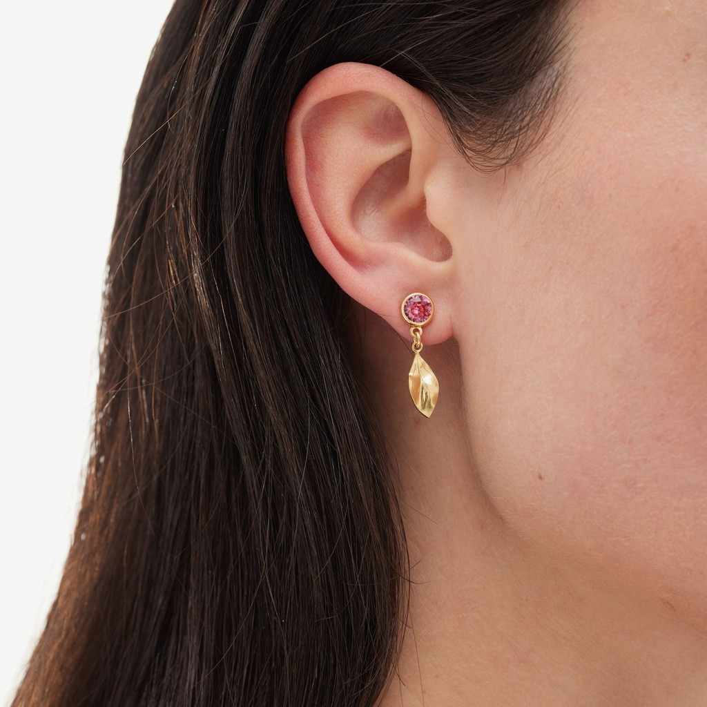 Round & Leaf Drop Pink Stone Gold Plated Earrings - 2 Round & Leaf Drop Pink Stone Gold Plated Earrings - 2