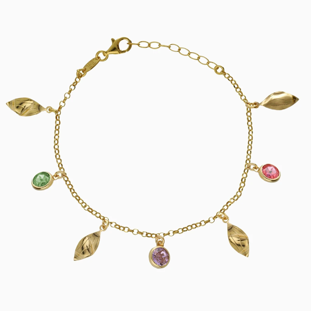 Leaf Charms Colored Stones Gold Plated Chain Bracelet Leaf Charms Colored Stones Gold Plated Chain Bracelet