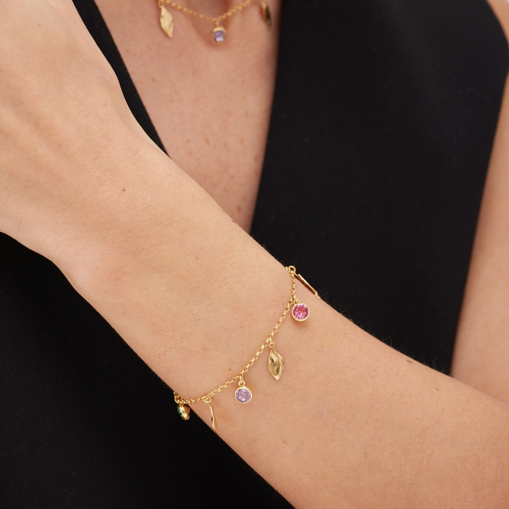 Leaf Charms Colored Stones Gold Plated Chain Bracelet - 2 Leaf Charms Colored Stones Gold Plated Chain Bracelet - 2