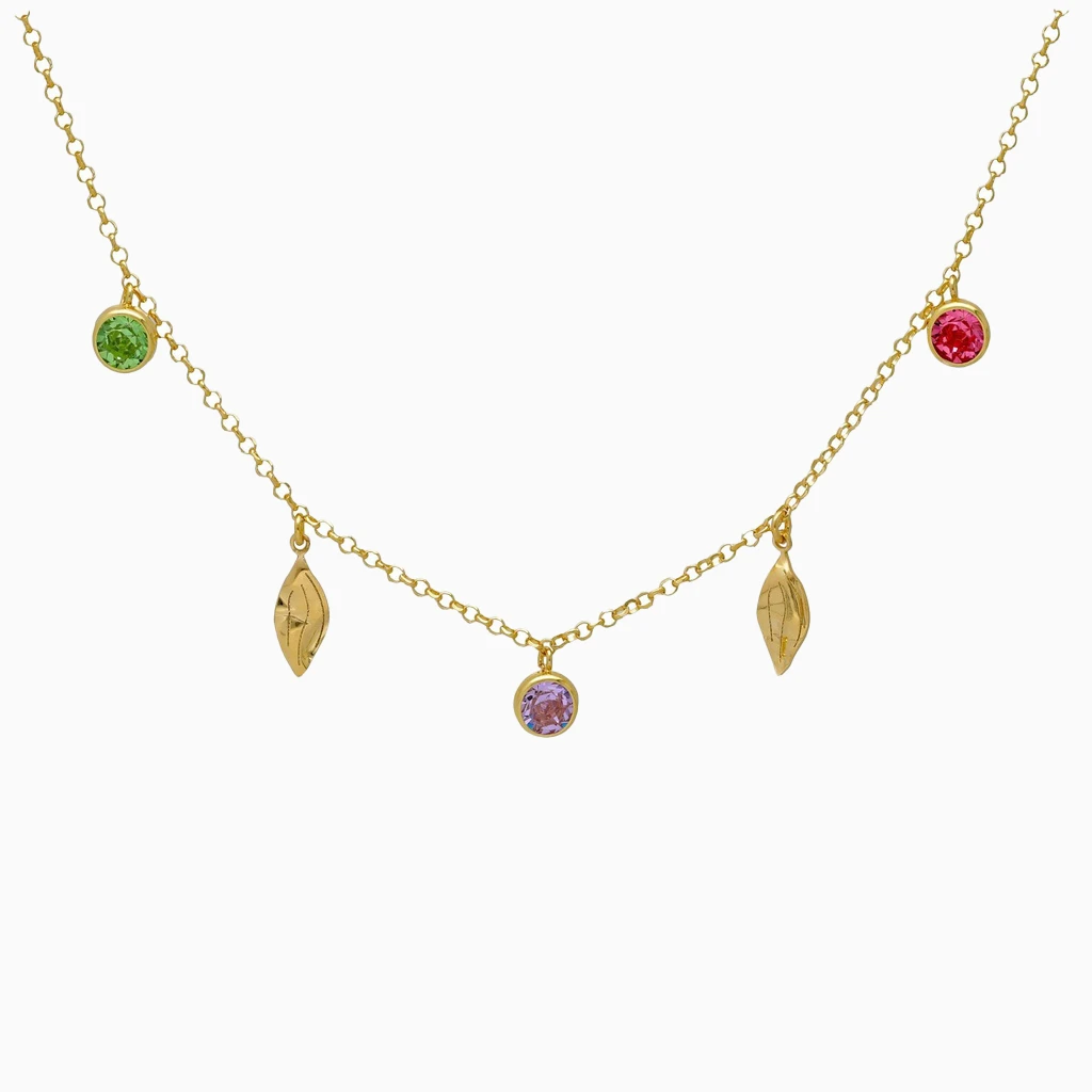 Leaf Charms Colored Stones Gold Plated Necklace Leaf Charms Colored Stones Gold Plated Necklace