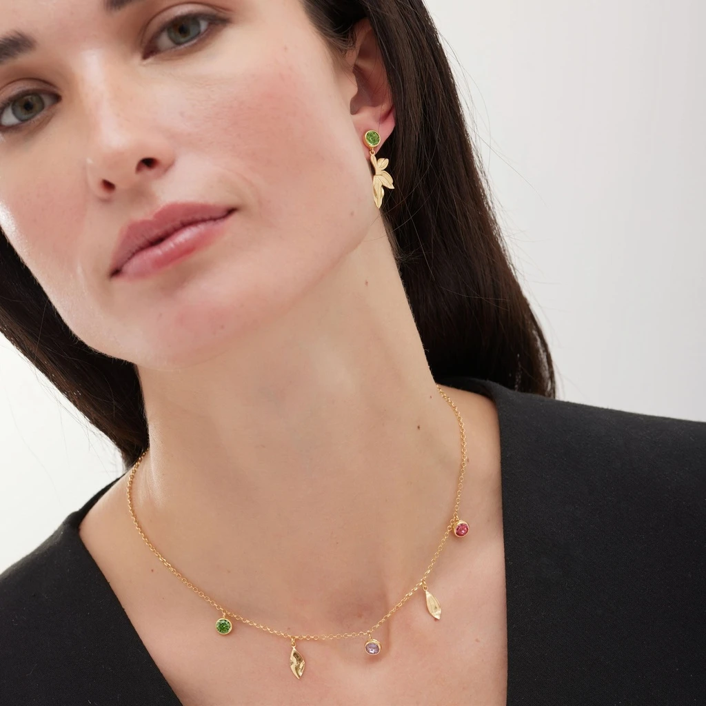 Leaf Charms Colored Stones Gold Plated Necklace - 2 Leaf Charms Colored Stones Gold Plated Necklace - 2