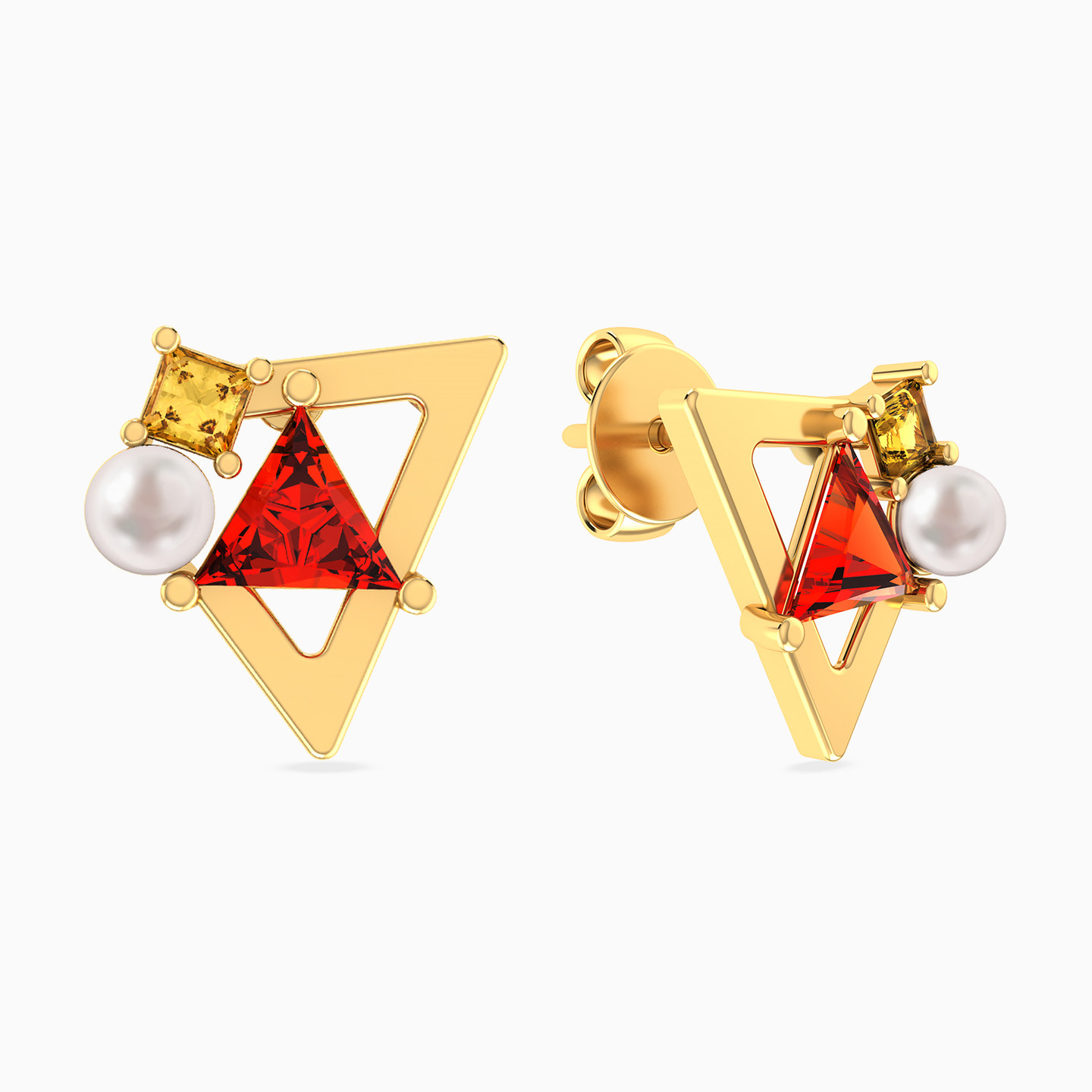 Tringular Frame Orange Stone & Pearl Earrings in 18K Gold Tringular Frame Orange Stone & Pearl Earrings in 18K Gold